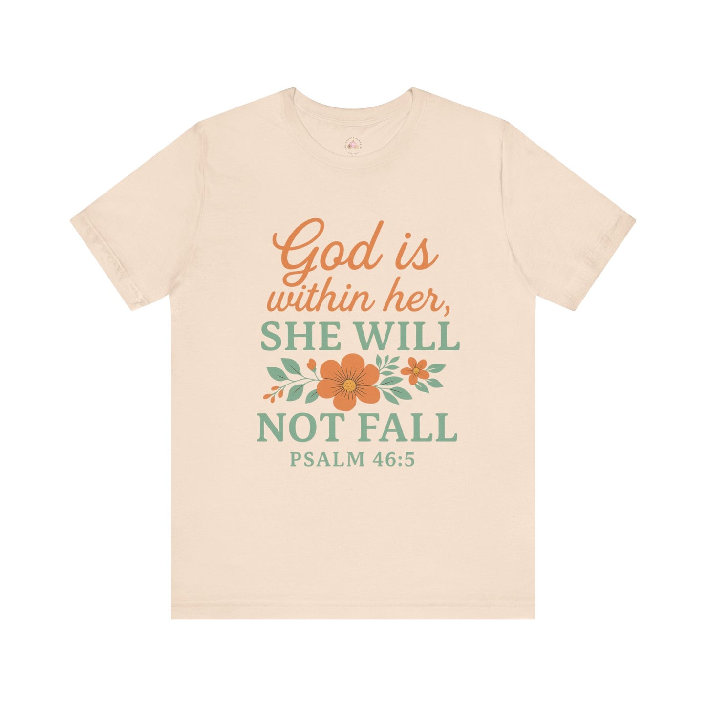 Beige t-shirt with motivational quote and floral design on a white background