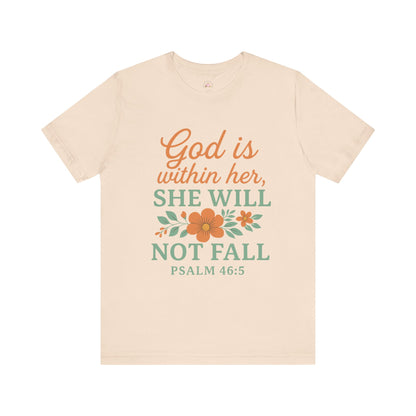 Beige t-shirt with motivational quote and floral design on a white background
