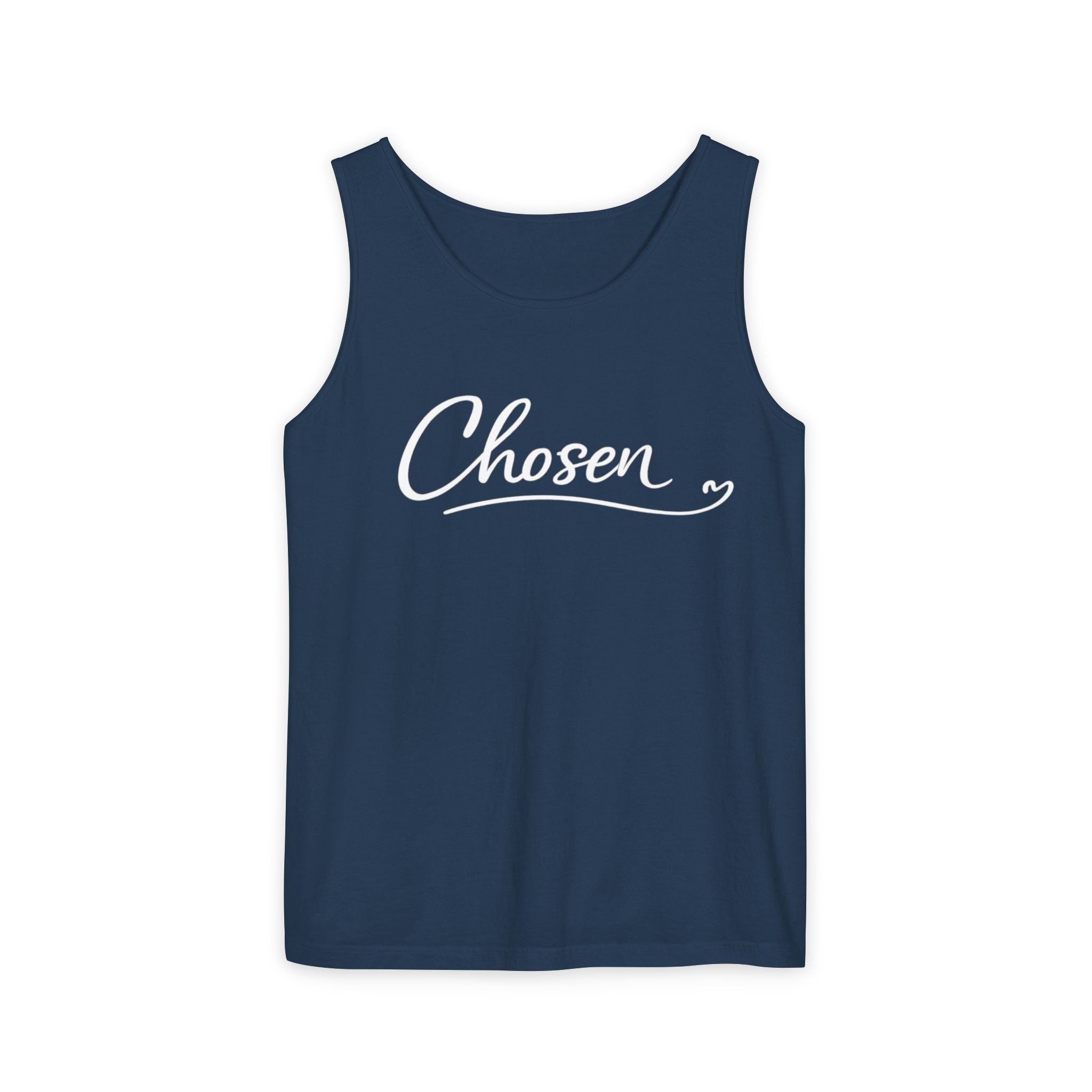 Chosen Script Tank Top — Minimalist White Garment-Dyed Casual Tank