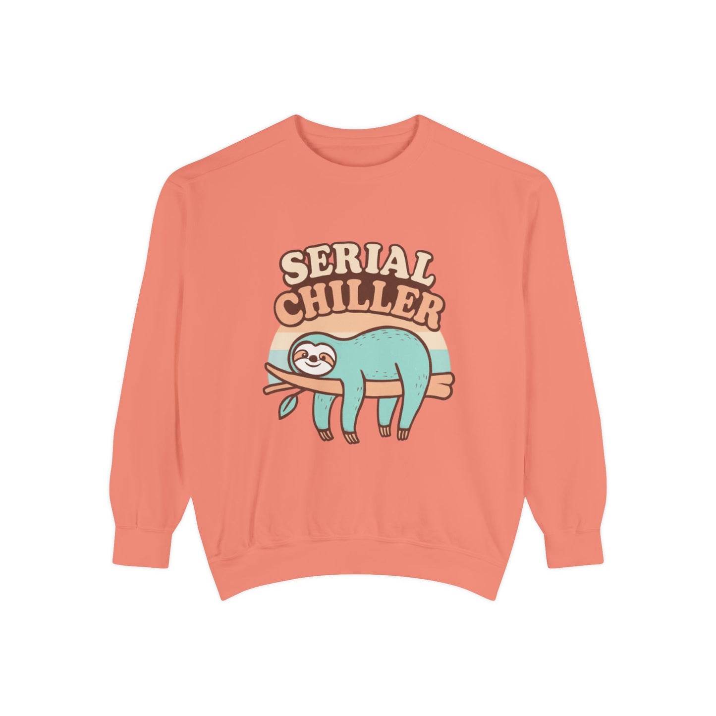 Coral sweatshirt with a sloth graphic and 'Serial Chiller' text on a white background