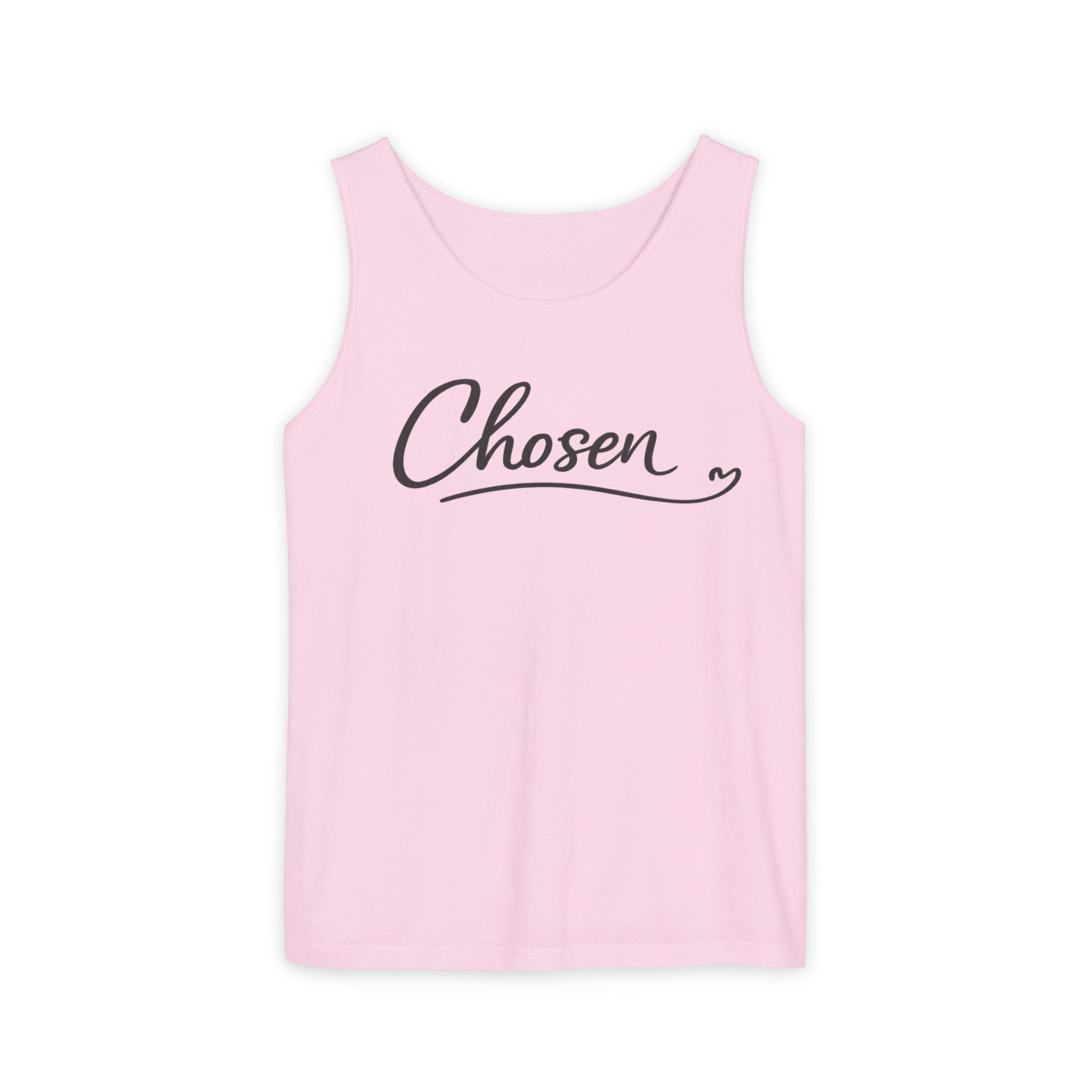 Chosen Script Tank Top — Minimalist White Garment-Dyed Casual Tank