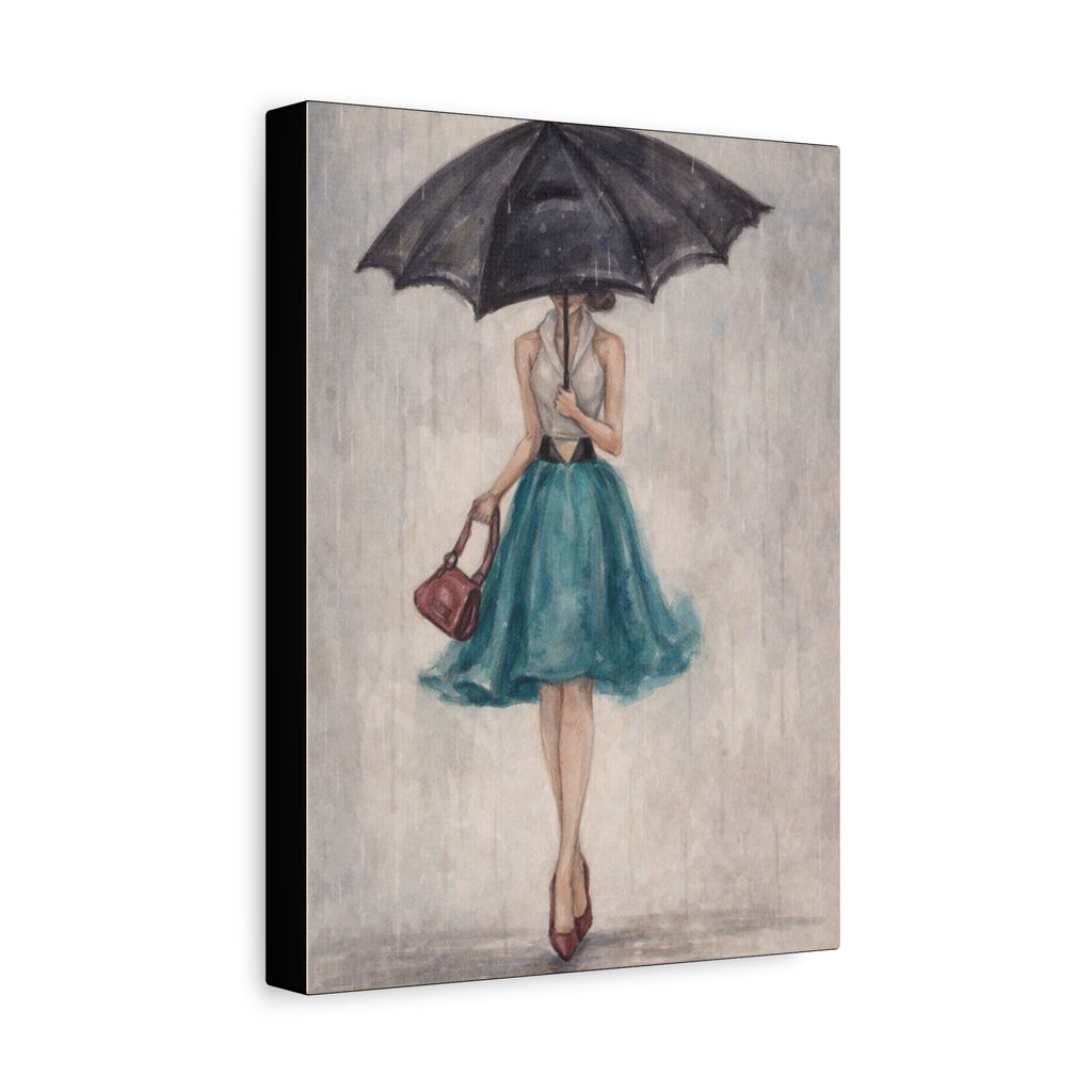 Umbrella Girl Matte Canvas Wall Art — Vintage Fashion Rain Scene