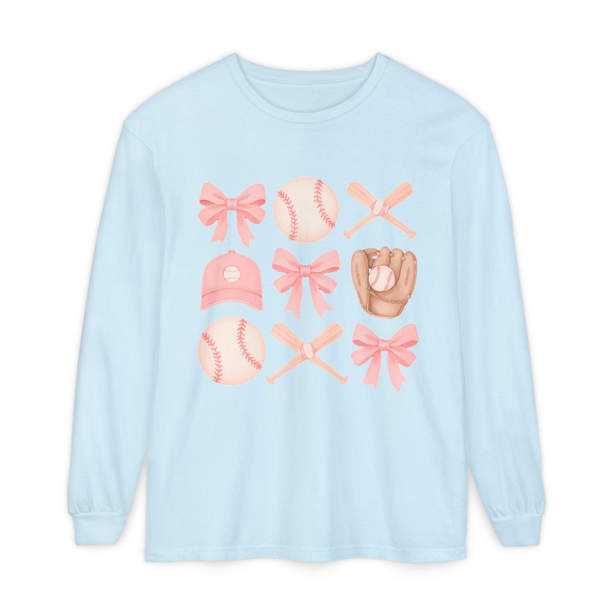 Pink Baseball Icons Long Sleeve Tee — Cute Softball Mom Fan Shirt