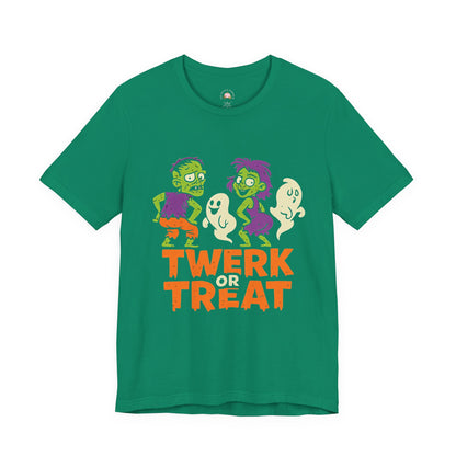 Halloween Fun Unisex Jersey Tee, T-Shirt for Halloween Parties, Funny Costume Tee, Trendy Unisex Tee, Twerk or Treat Design