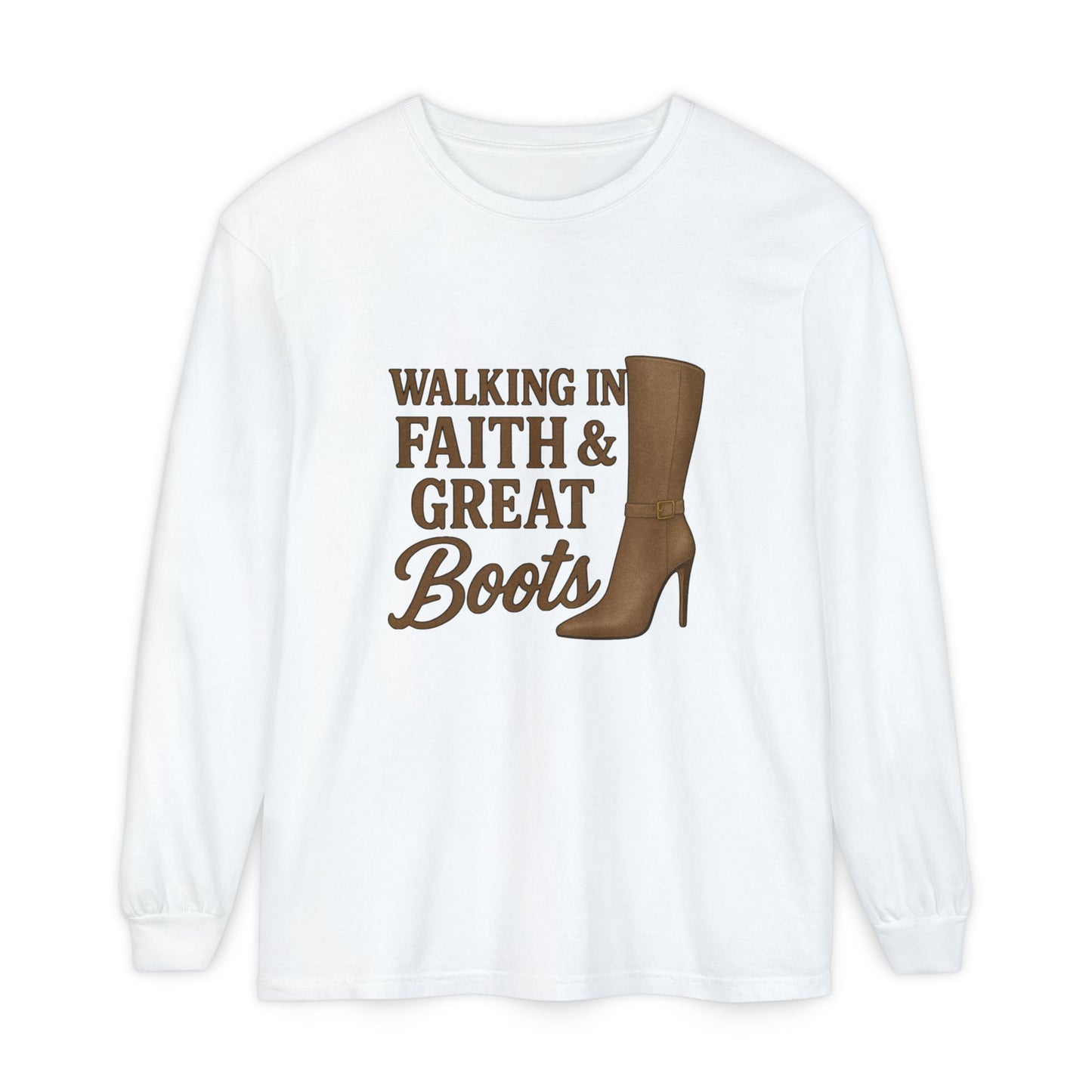 Long Sleeve Christian T-Shirt Walking in Faith & Great Boots - The Bougie Pumpkin Boutique