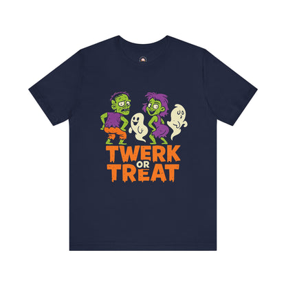 Halloween Fun Unisex Jersey Tee, T-Shirt for Halloween Parties, Funny Costume Tee, Trendy Unisex Tee, Twerk or Treat Design