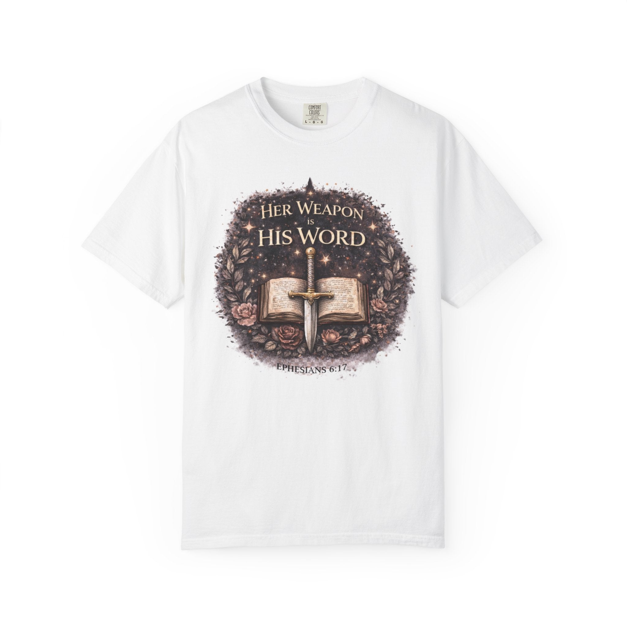 Christian Sword & Bible T-Shirt — "Her Weapon His Word" Inspirational Faith Tee