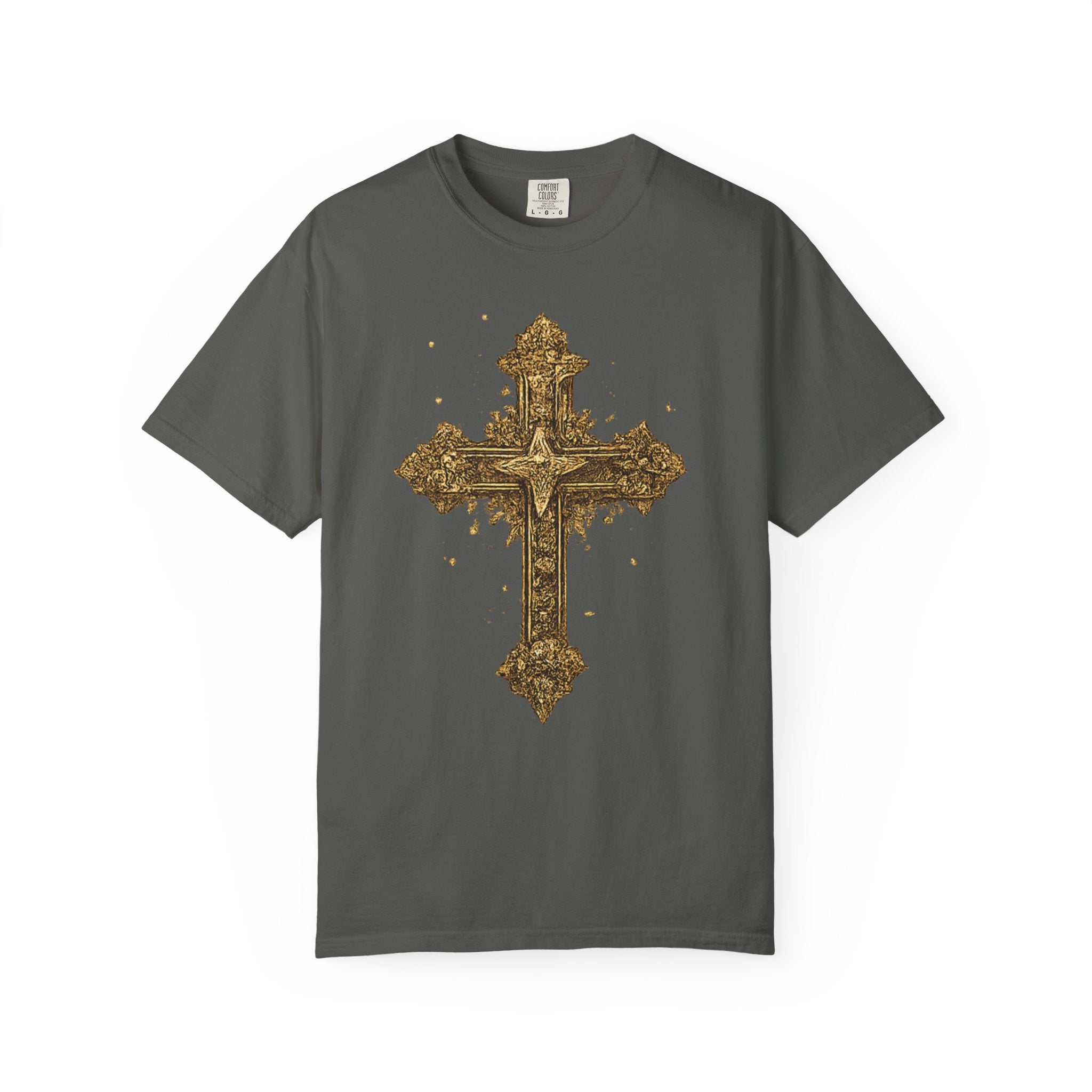 Gray t-shirt with a gold cross design on a white background