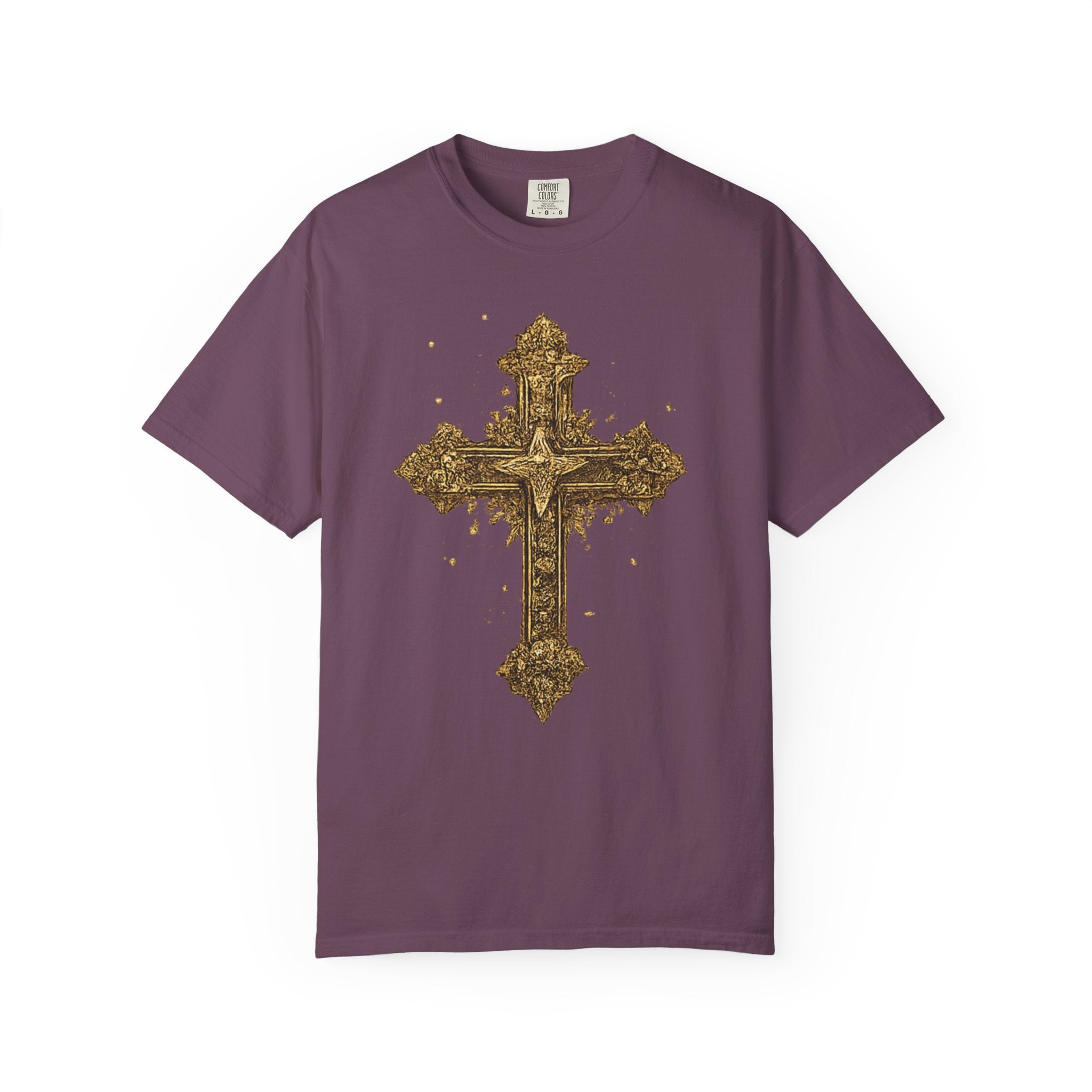 Purple t-shirt with a gold cross design on a white background