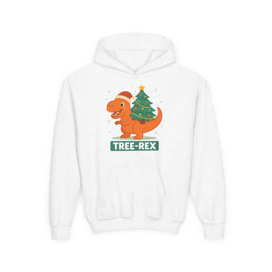 Tree-Rex Youth Hoodie - Christmas Cozy Funny Punny Dinosaur Kids Sweatshirt
