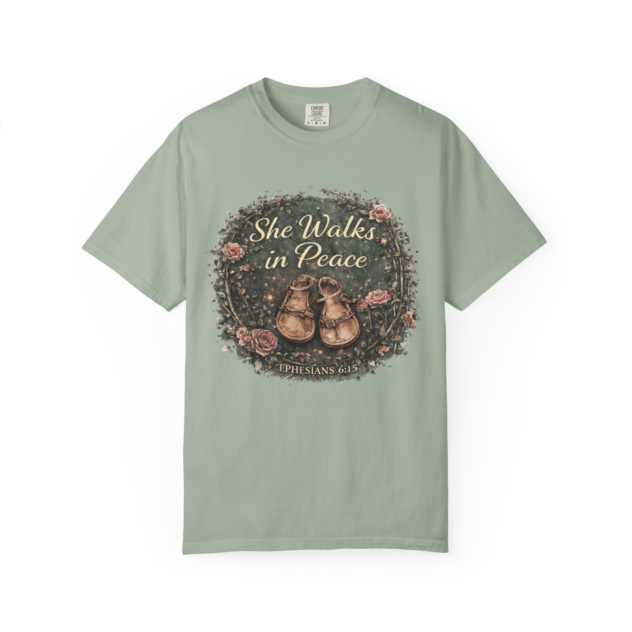 She Walks in Peace T-Shirt — Floral Baby Shoes Memorial Tee
