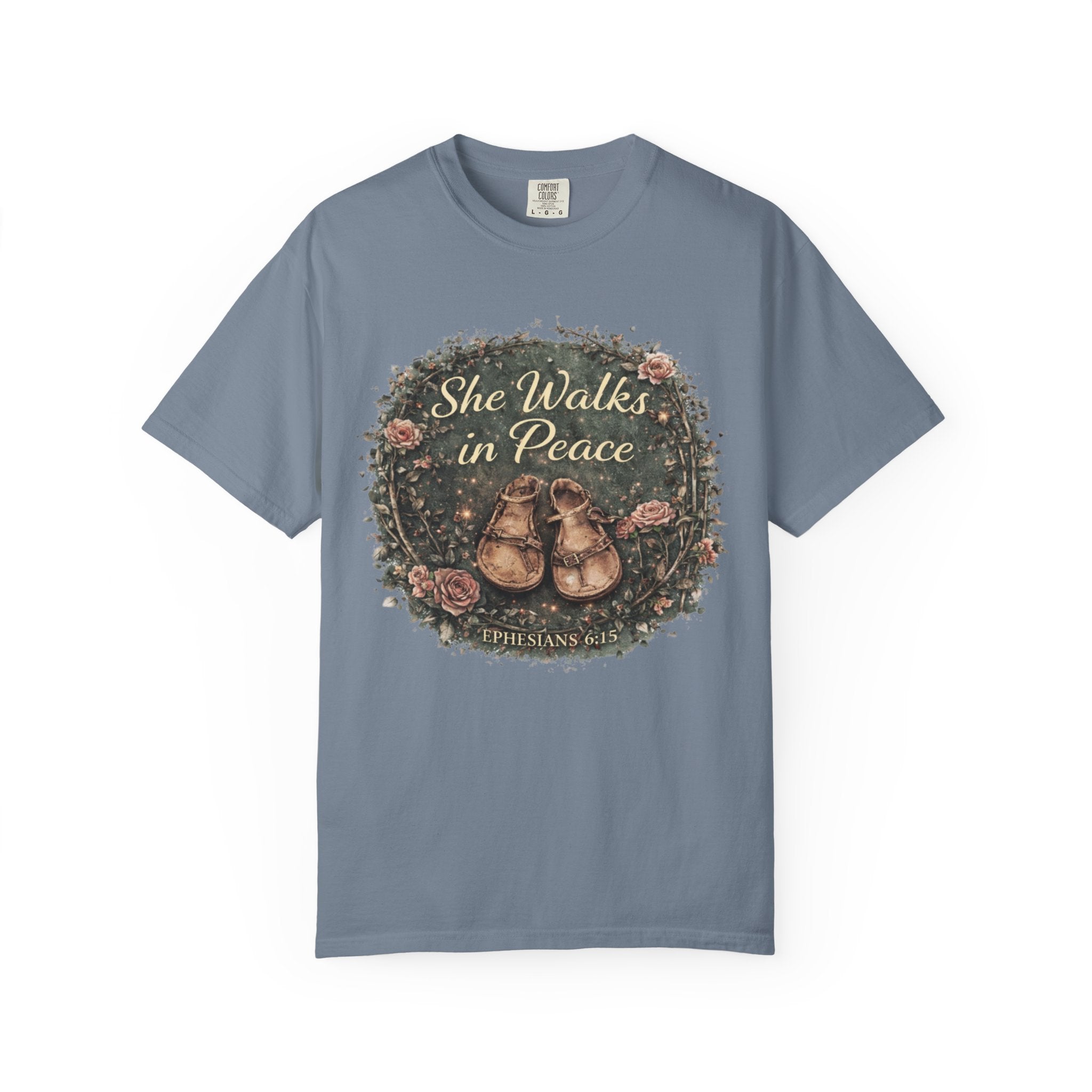 She Walks in Peace T-Shirt — Floral Baby Shoes Memorial Tee
