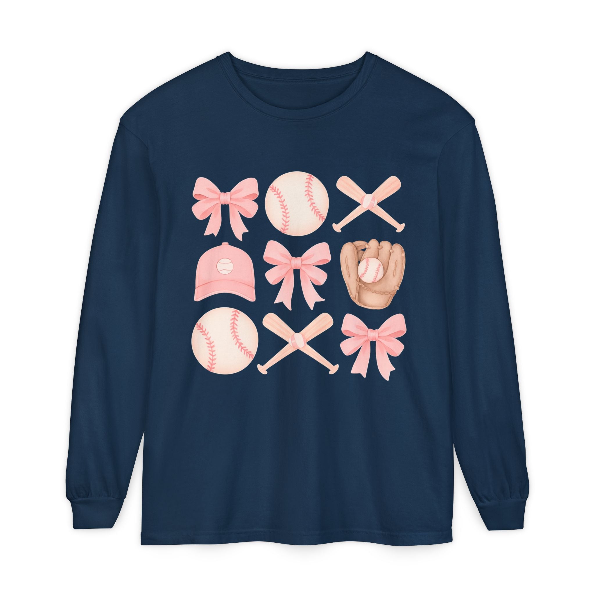 Pink Baseball Icons Long Sleeve Tee — Cute Softball Mom Fan Shirt