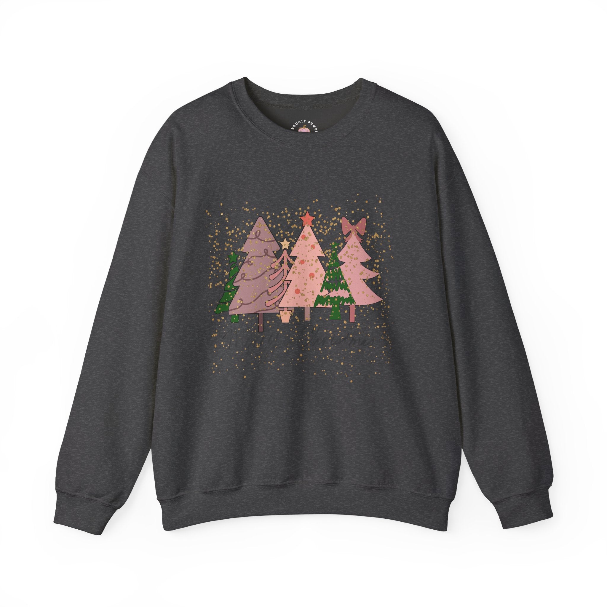 Christmas Tree Crewneck Sweatshirt - Festive Pink & Green Holiday Trees Design with Glitter Overlay