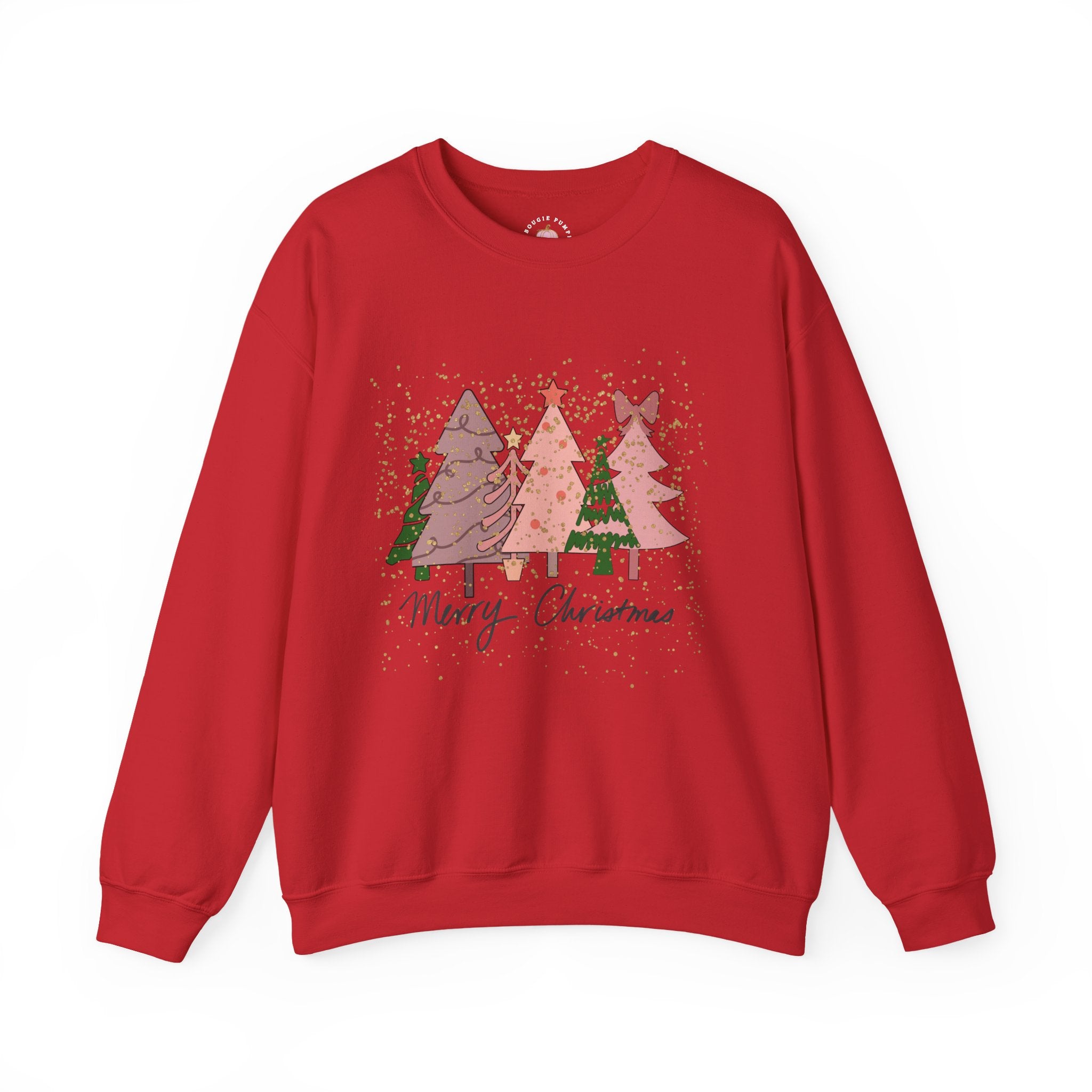 Christmas Tree Crewneck Sweatshirt - Festive Pink & Green Holiday Trees Design with Glitter Overlay