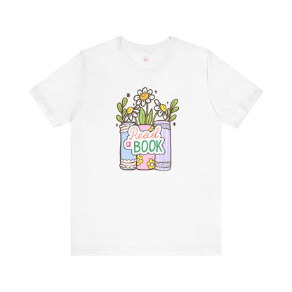 Whimsical Reading Tee, Cute Book Lover Shirt, Gift for Readers, Flower Graphic Tee, Summer Casual Wear, Literary Lover T-shirt