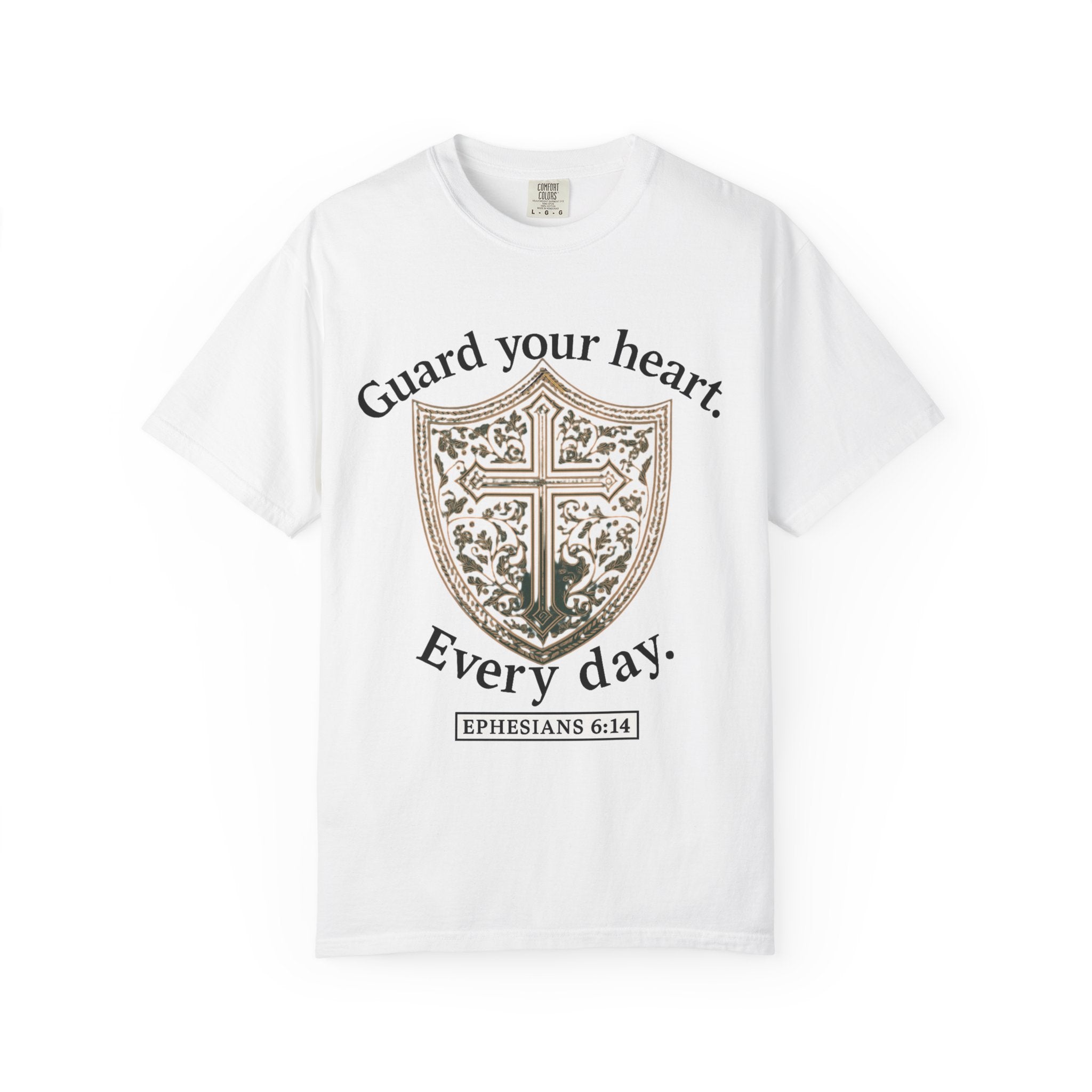 Shield Cross T-Shirt — Vintage Floral Shield with Cross Graphic