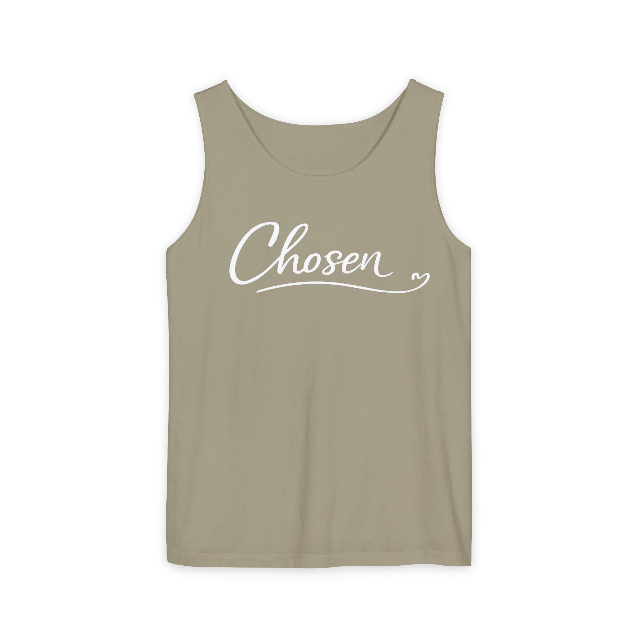 Chosen Script Tank Top — Minimalist White Garment-Dyed Casual Tank
