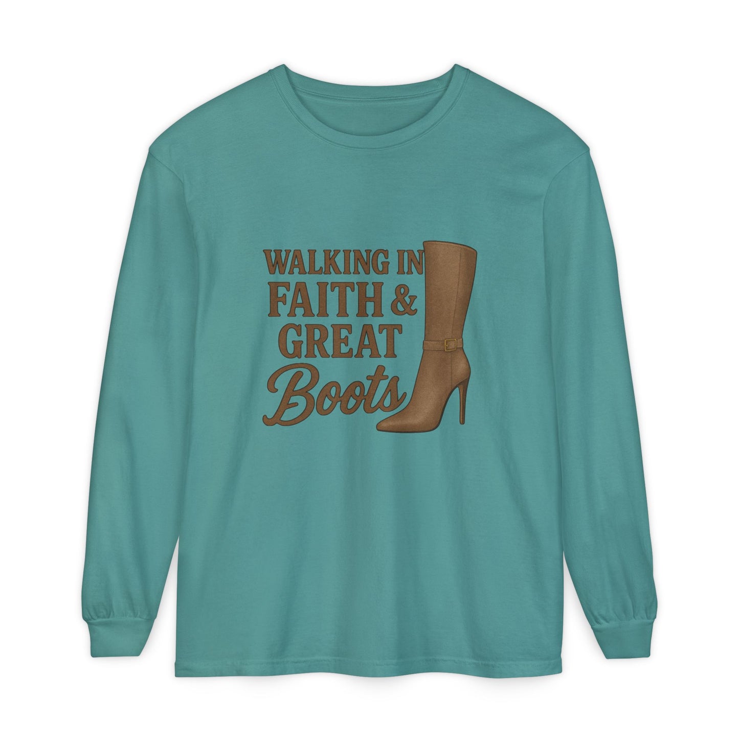 Long Sleeve Christian T-Shirt Walking in Faith & Great Boots - The Bougie Pumpkin Boutique