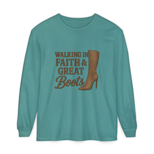 Long Sleeve Christian T-Shirt Walking in Faith & Great Boots - The Bougie Pumpkin Boutique