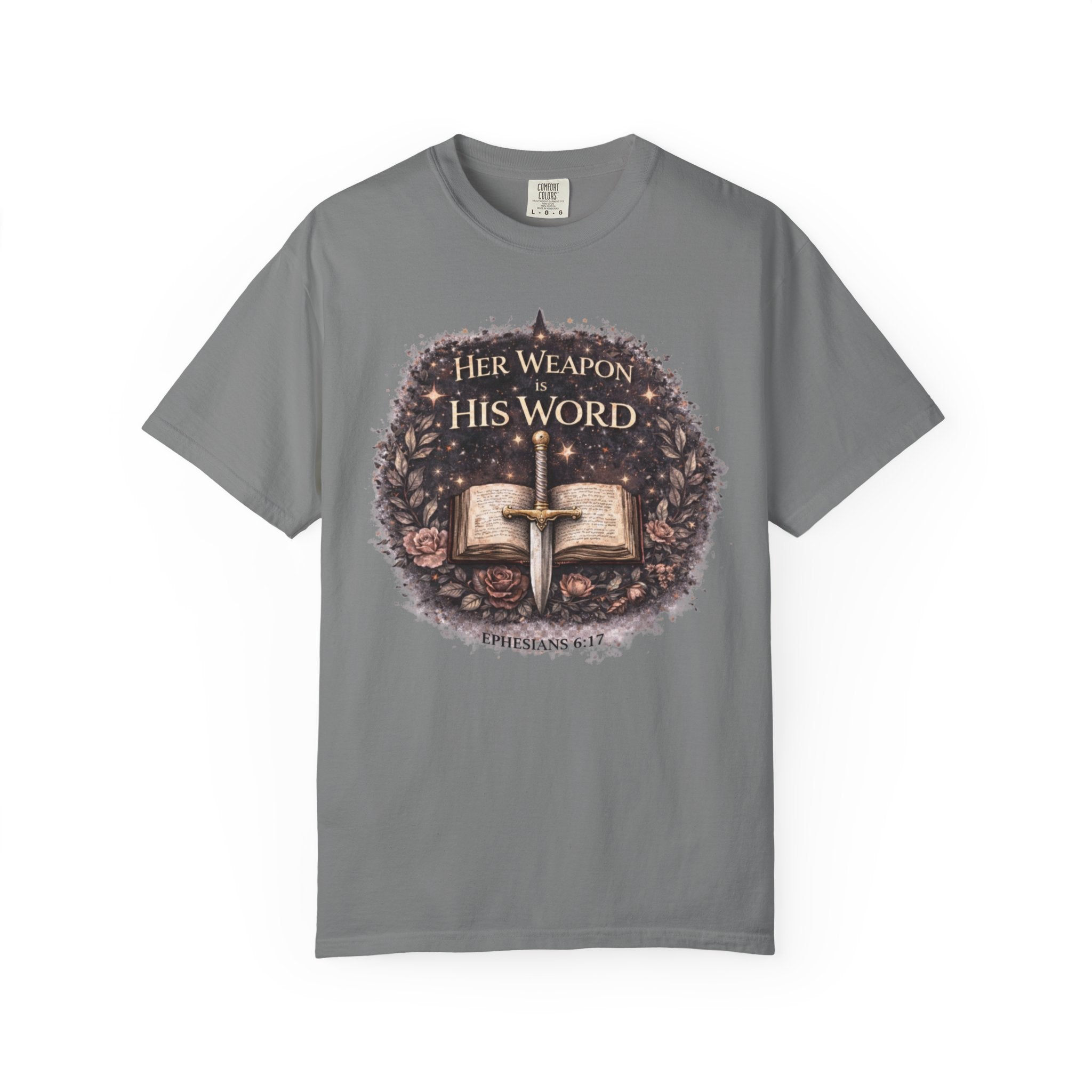 Christian Sword & Bible T-Shirt — "Her Weapon His Word" Inspirational Faith Tee