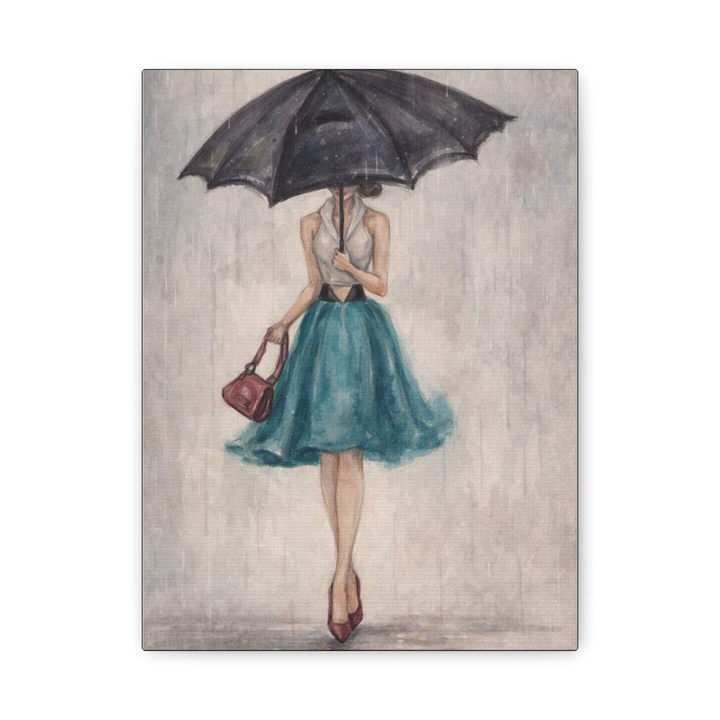 Umbrella Girl Matte Canvas Wall Art — Vintage Fashion Rain Scene