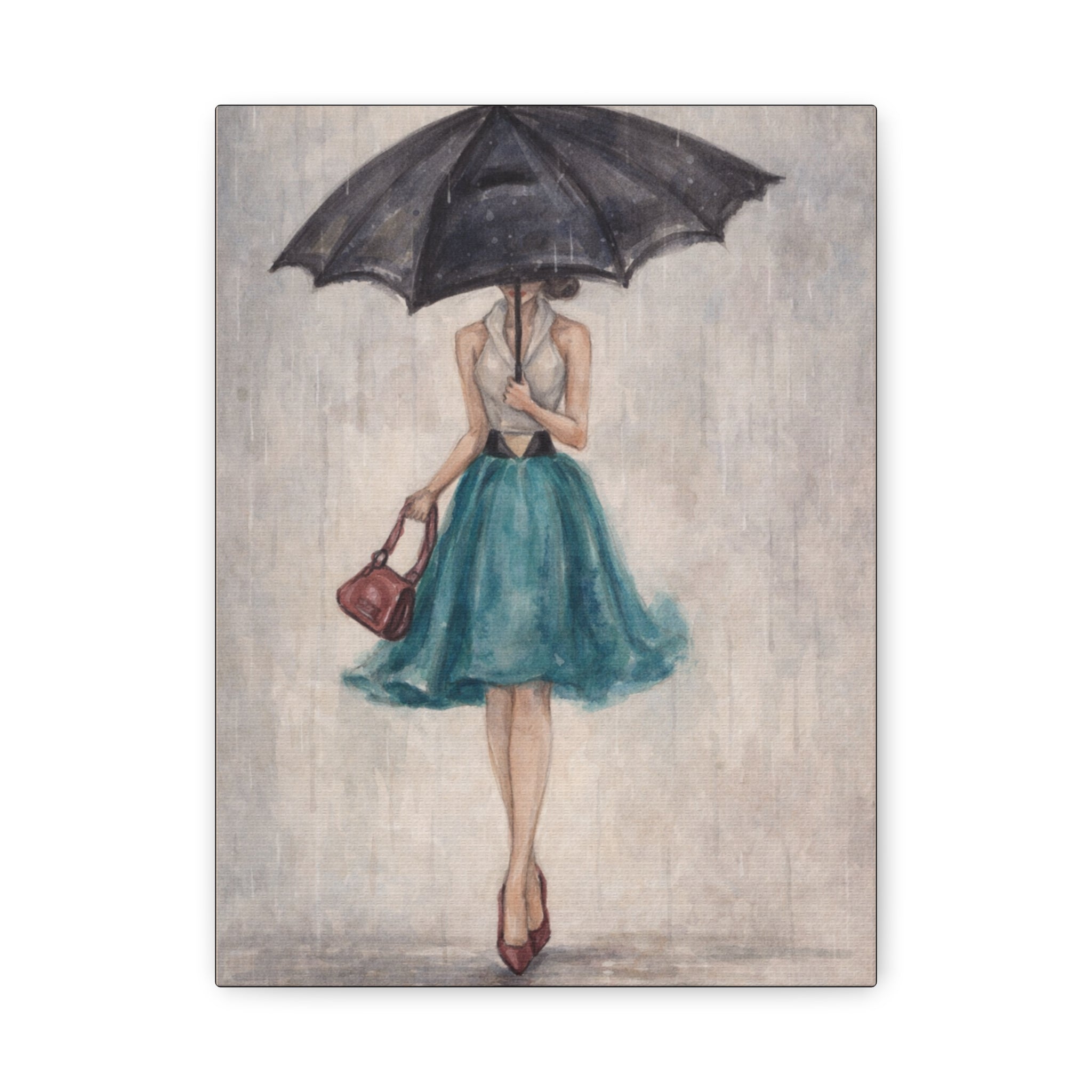 Umbrella Girl Matte Canvas Wall Art — Vintage Fashion Rain Scene
