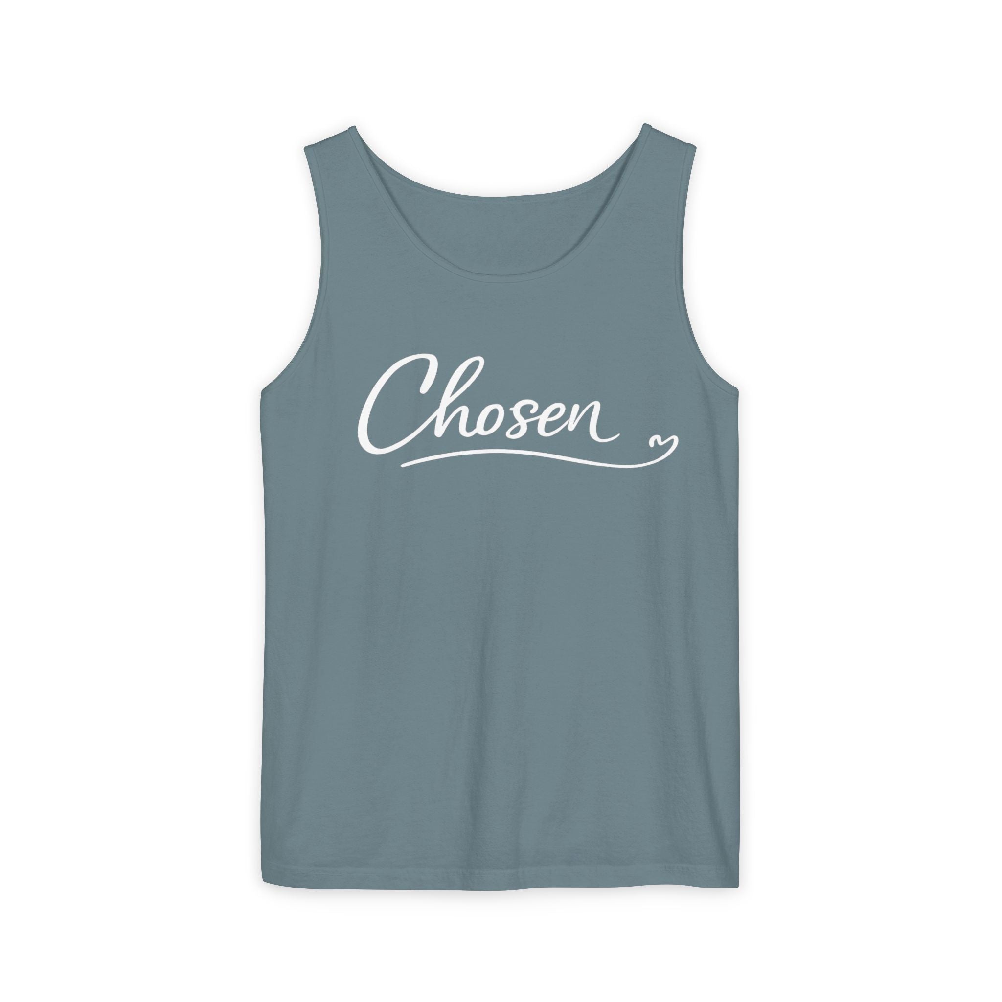 Chosen Script Tank Top — Minimalist White Garment-Dyed Casual Tank
