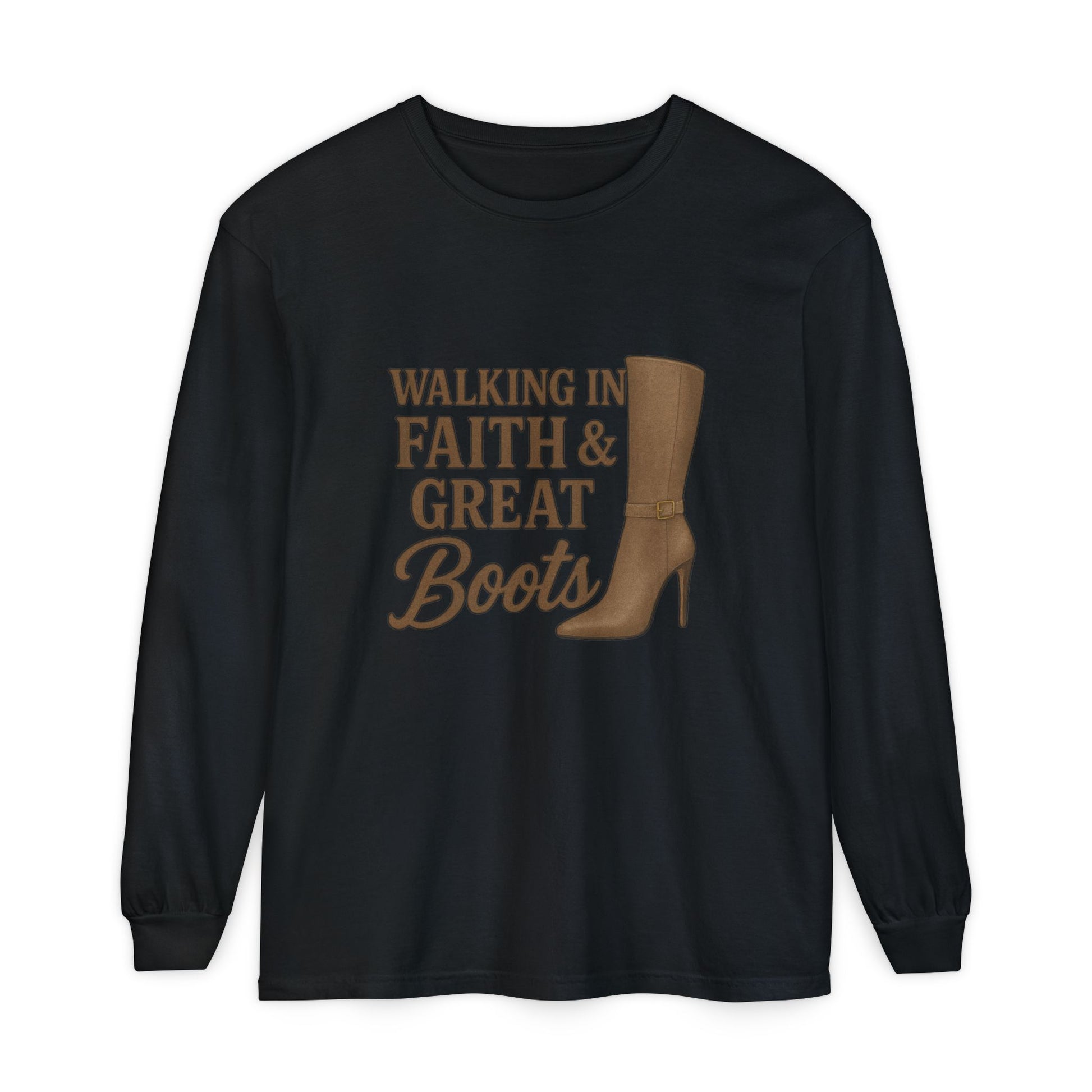 Long Sleeve Christian T-Shirt Walking in Faith & Great Boots - The Bougie Pumpkin Boutique