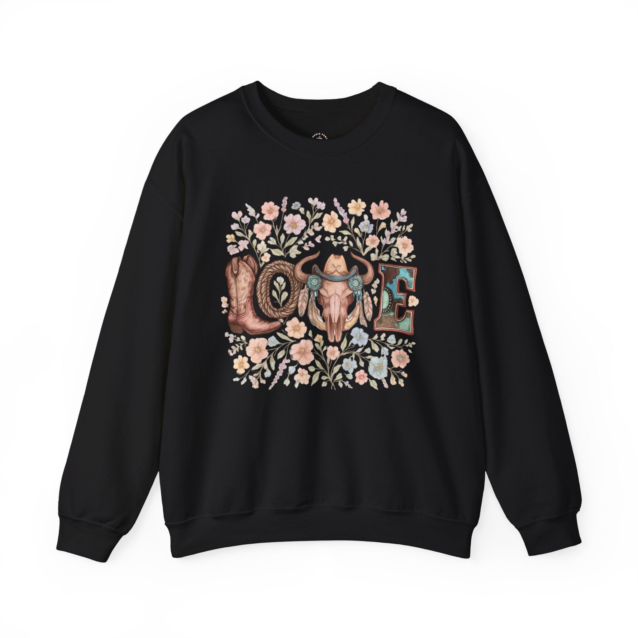 Love Western Crewneck Sweatshirt — Floral Cow Skull & Boot Graphic