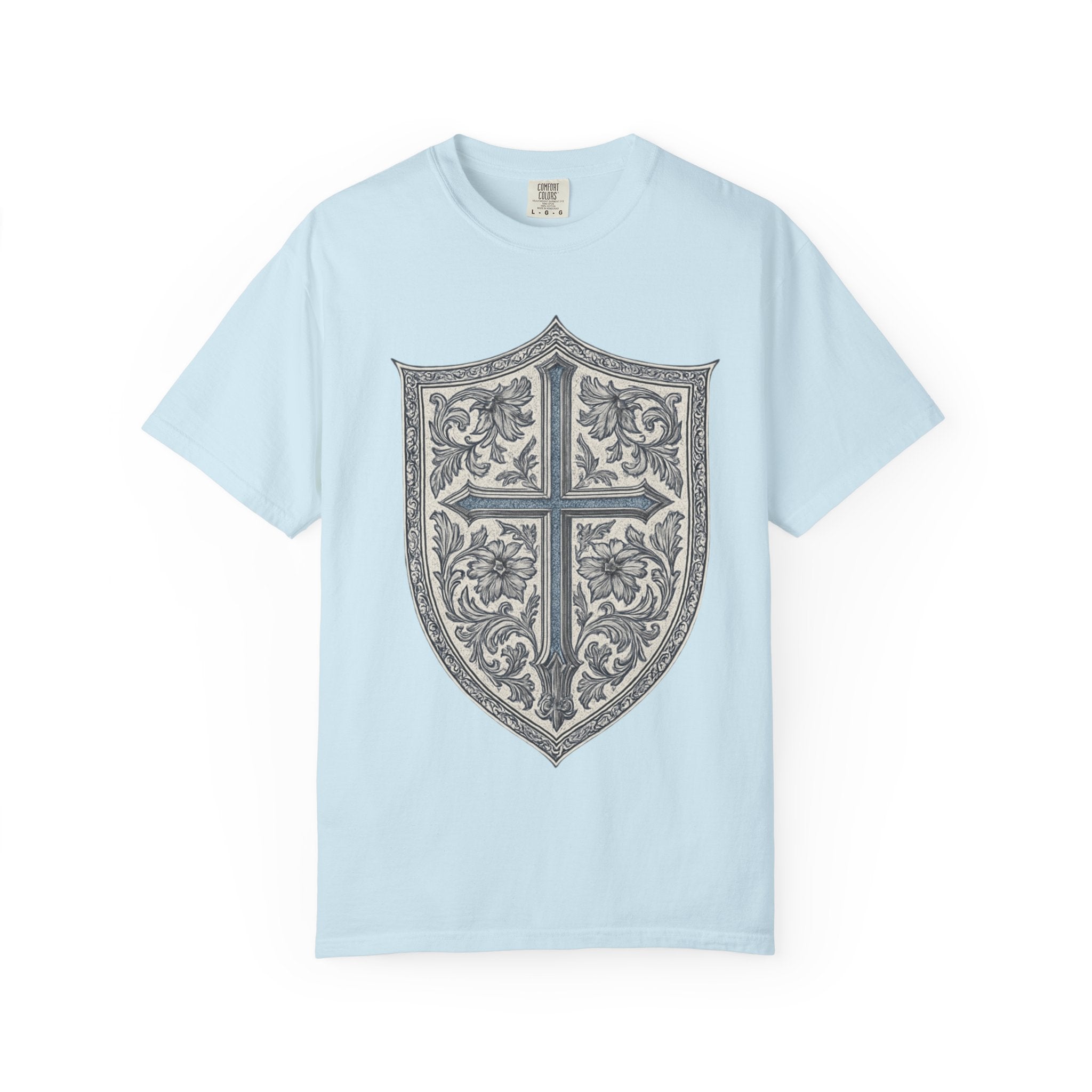 Shield Cross T-Shirt — Vintage Floral Heraldic Crest Christian Tee