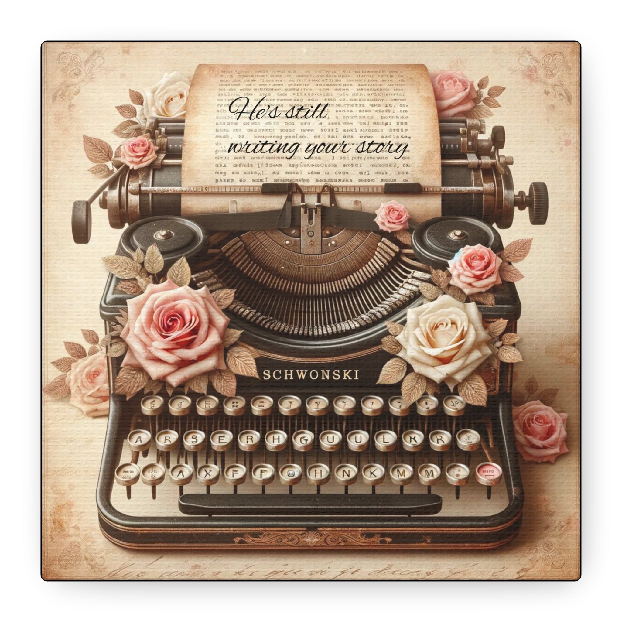 Vintage Typewriter Canvas Wall Art — Floral Antique Keyboard Print