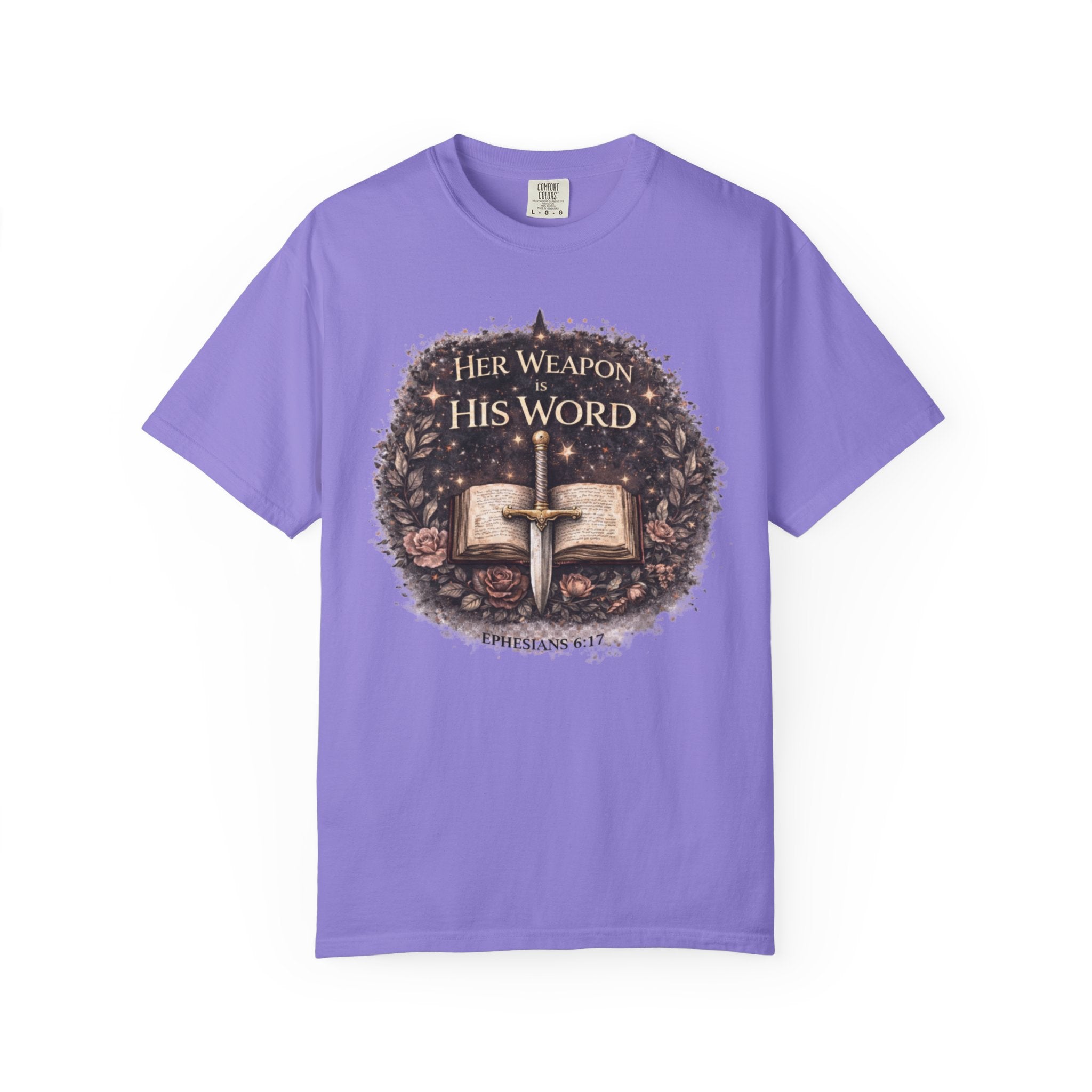 Christian Sword & Bible T-Shirt — "Her Weapon His Word" Inspirational Faith Tee