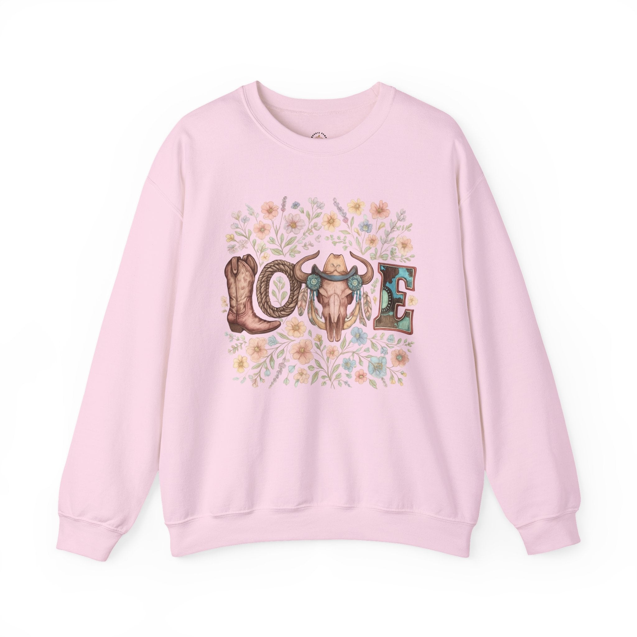 Love Western Crewneck Sweatshirt — Floral Cow Skull & Boot Graphic