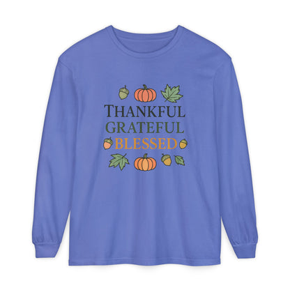 Thankful Grateful Blessed Long Sleeve T-Shirt | Autumn Fashion, Harvest Wear, Thanksgiving Gift, Fall Style, Cozy Apparel - The Bougie Pumpkin Boutique