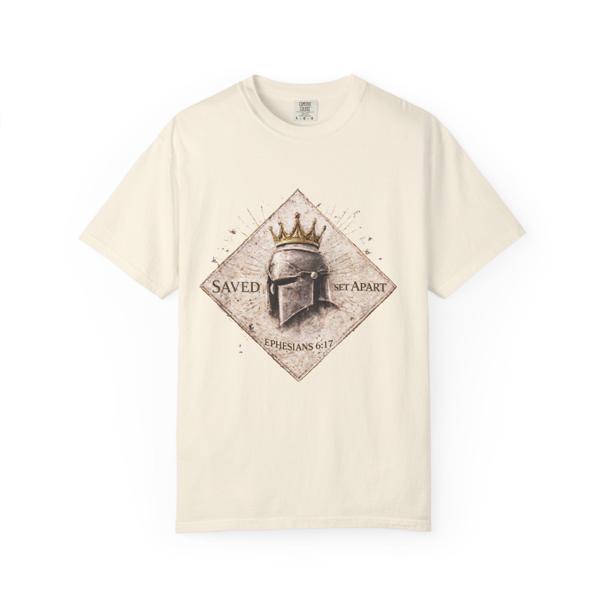 Christian Helmet T-Shirt — "Saved Not Apart" Ephesians 2:8 Faith Tee