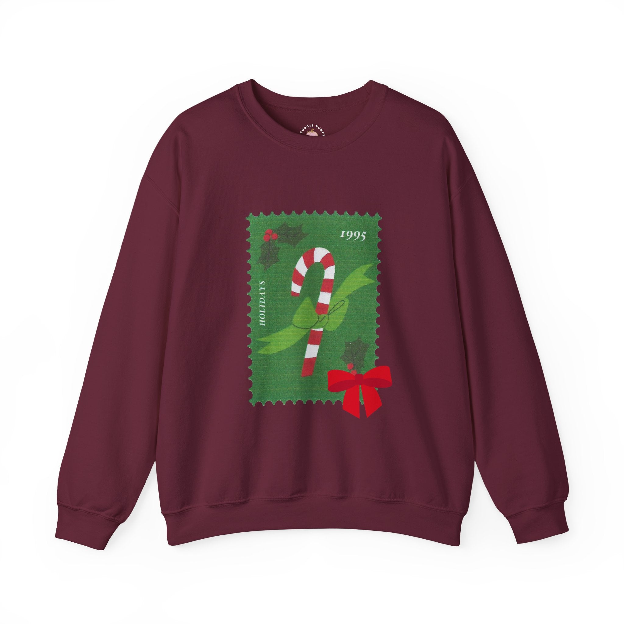 Candy Cane Holiday Crewneck Sweatshirt — Vintage Stamp Christmas Design