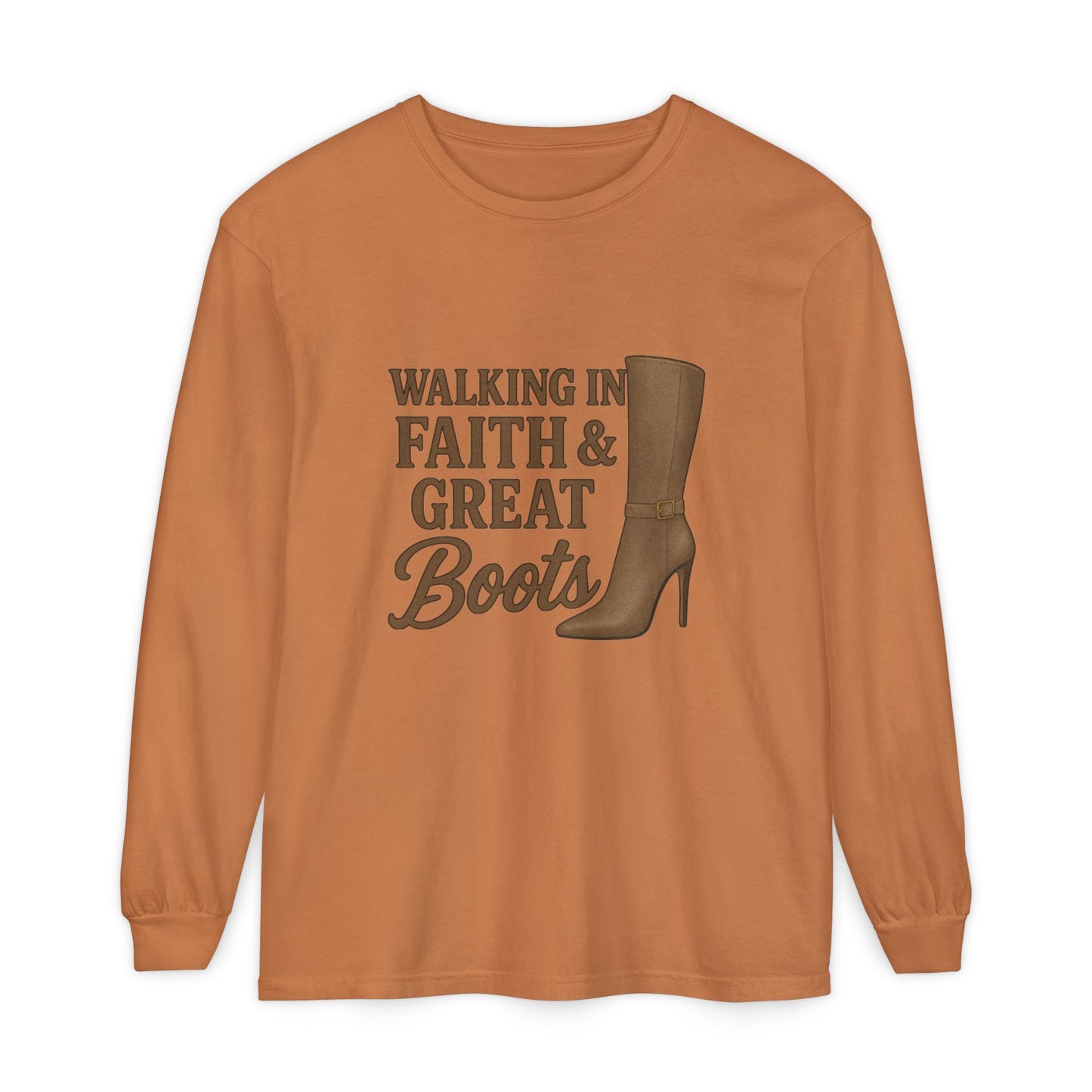 Long Sleeve Christian T-Shirt Walking in Faith & Great Boots - The Bougie Pumpkin Boutique