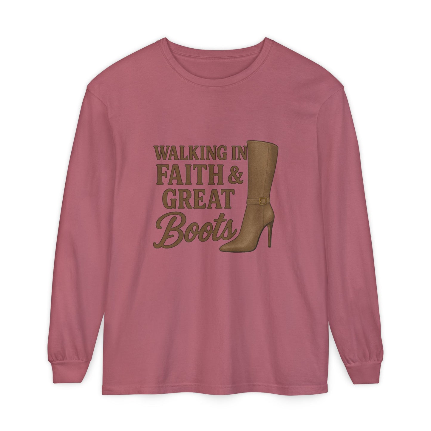 Long Sleeve Christian T-Shirt Walking in Faith & Great Boots - The Bougie Pumpkin Boutique