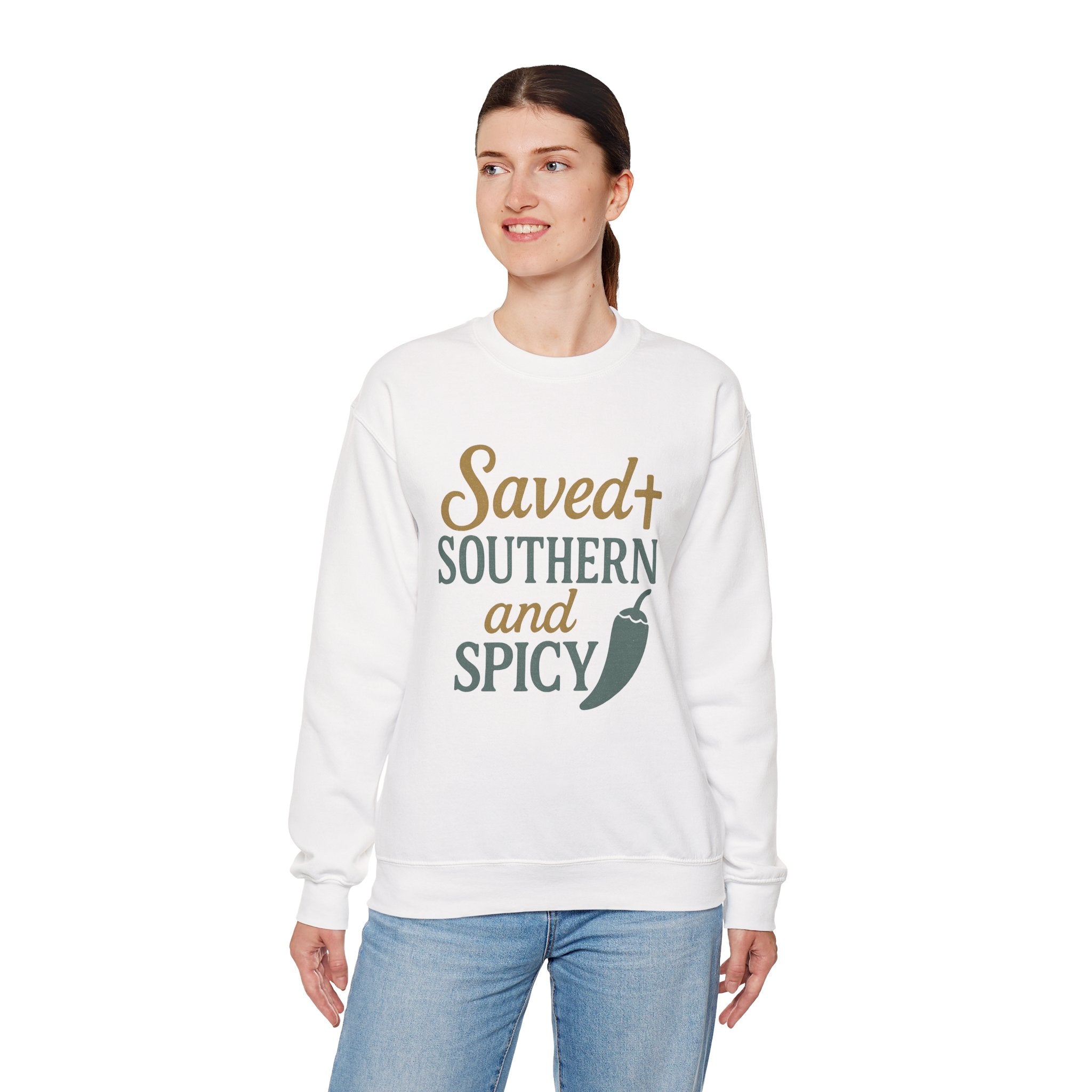 Saved, Southern, and Spicy Sweatshirt | Faith & Fire Apparel – The Bougie Pumpkin Boutique