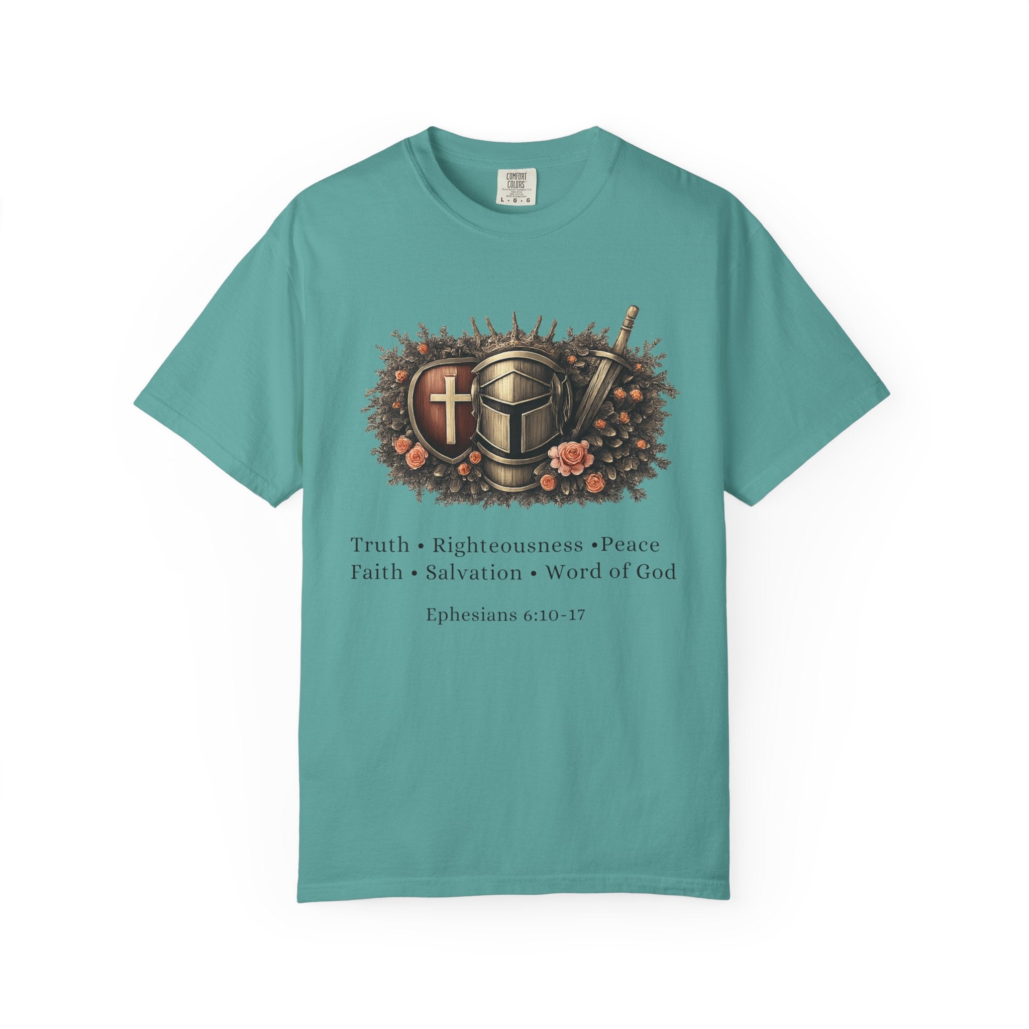 Teal t-shirt with religious design and text on a white background