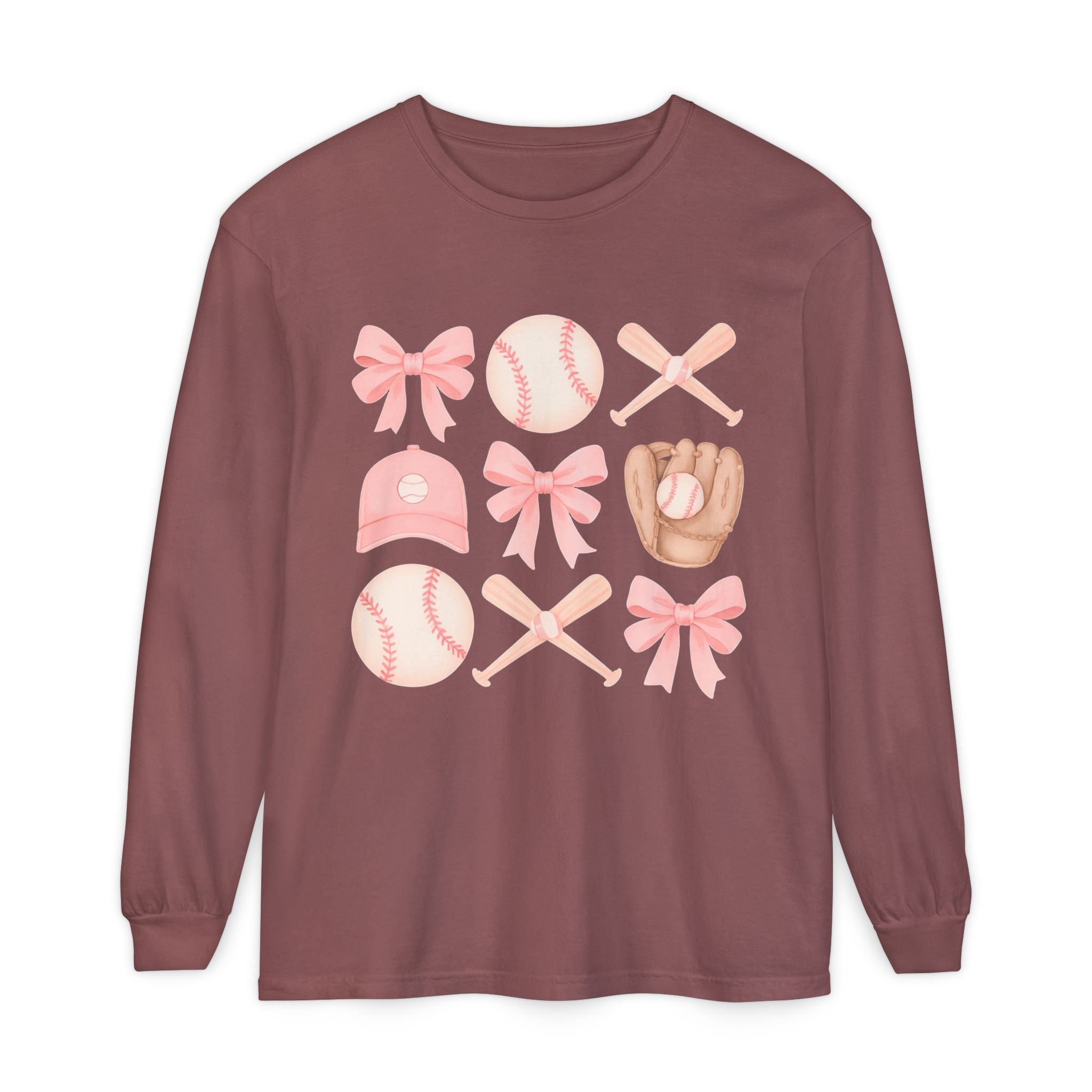 Pink Baseball Icons Long Sleeve Tee — Cute Softball Mom Fan Shirt