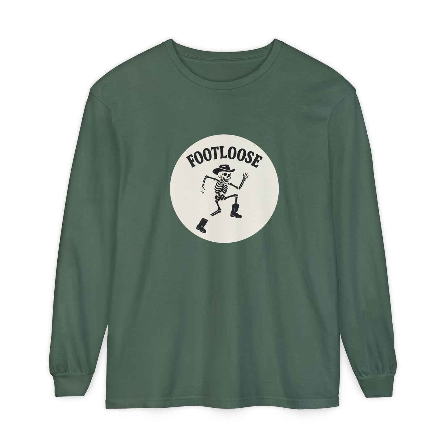 Footloose Skeleton Long Sleeve T-Shirt, Vintage Style Tee for Halloween, Unisex Casual Wear, Graphic Tee for Parties, Fun Gift Idea