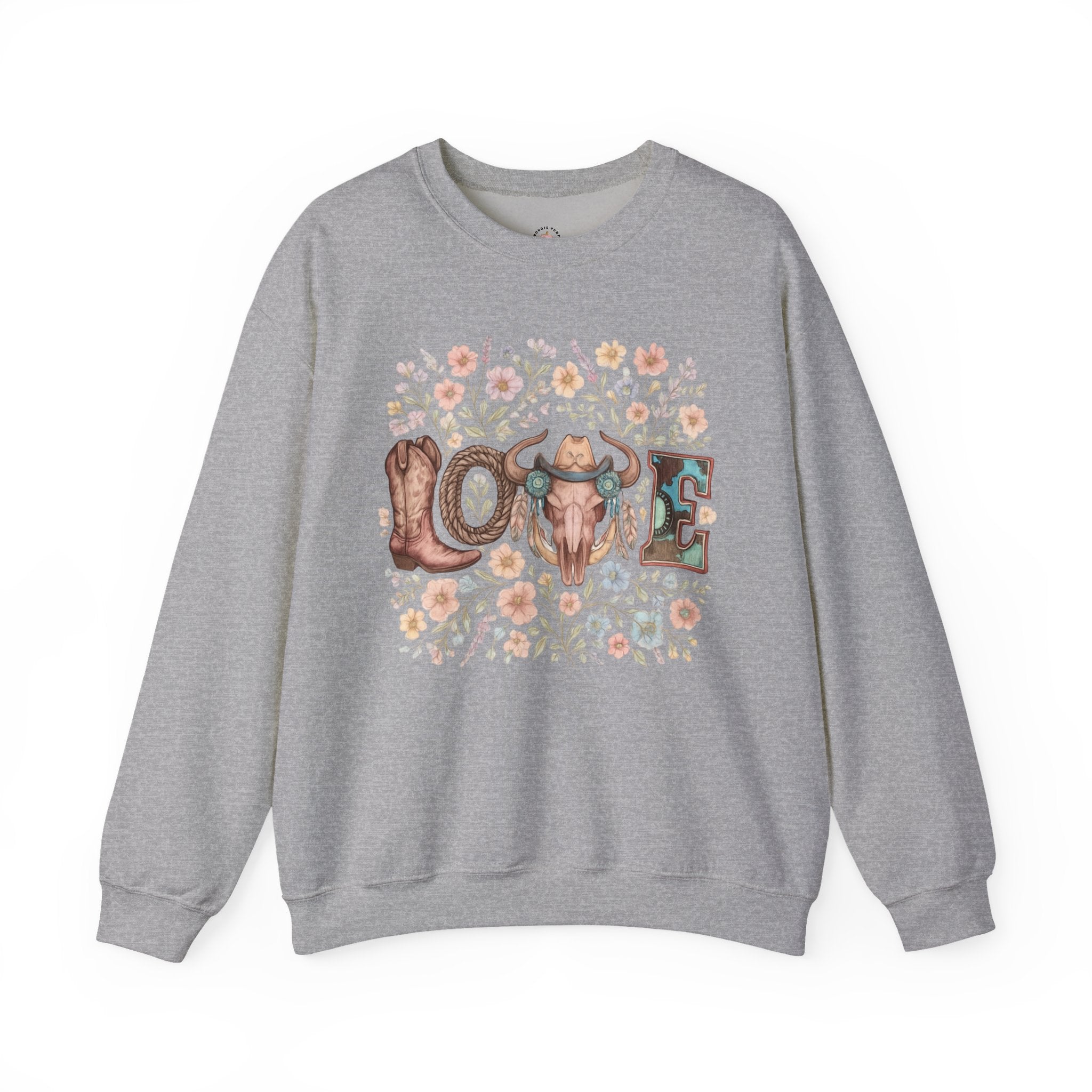Love Western Crewneck Sweatshirt — Floral Cow Skull & Boot Graphic