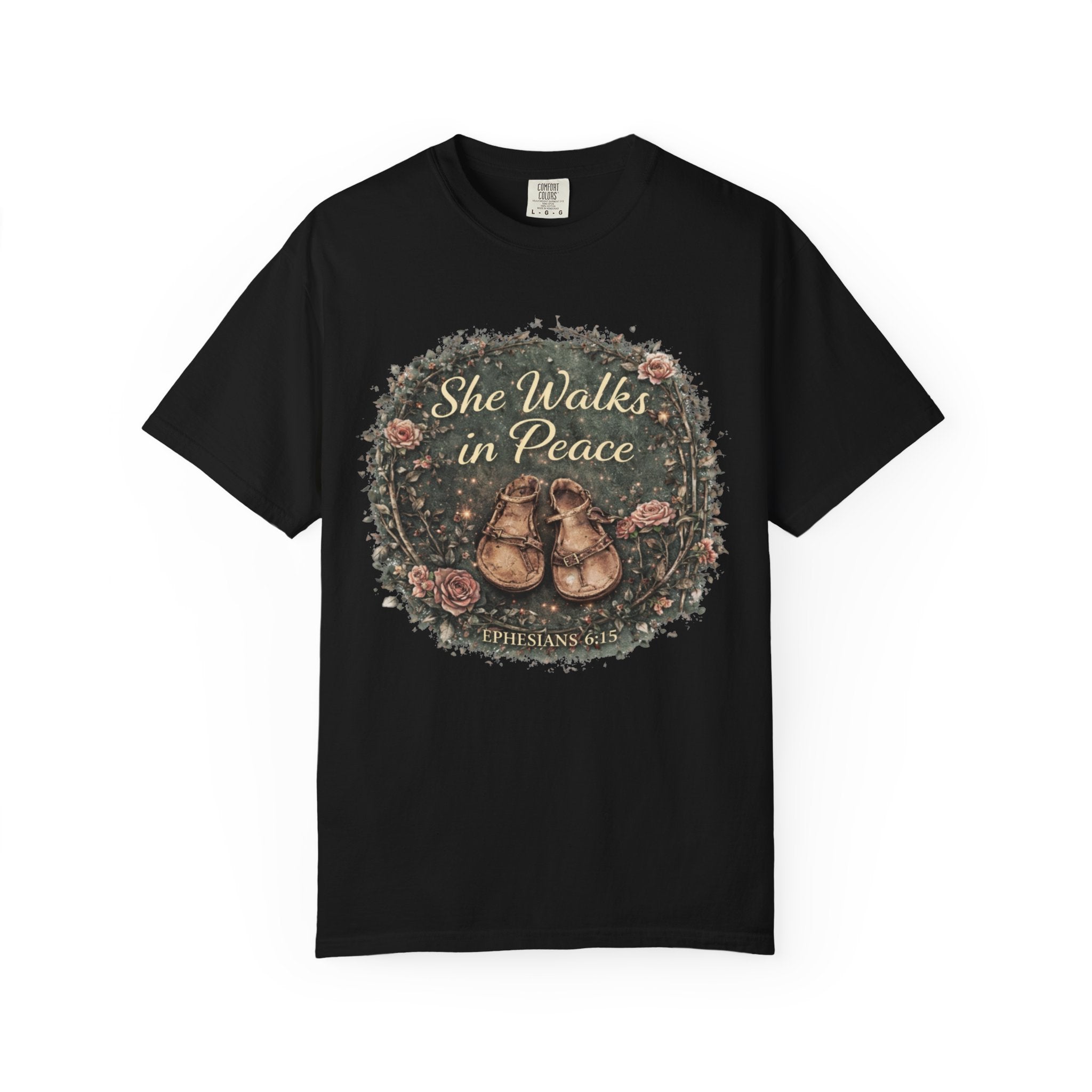 She Walks in Peace T-Shirt — Floral Baby Shoes Memorial Tee