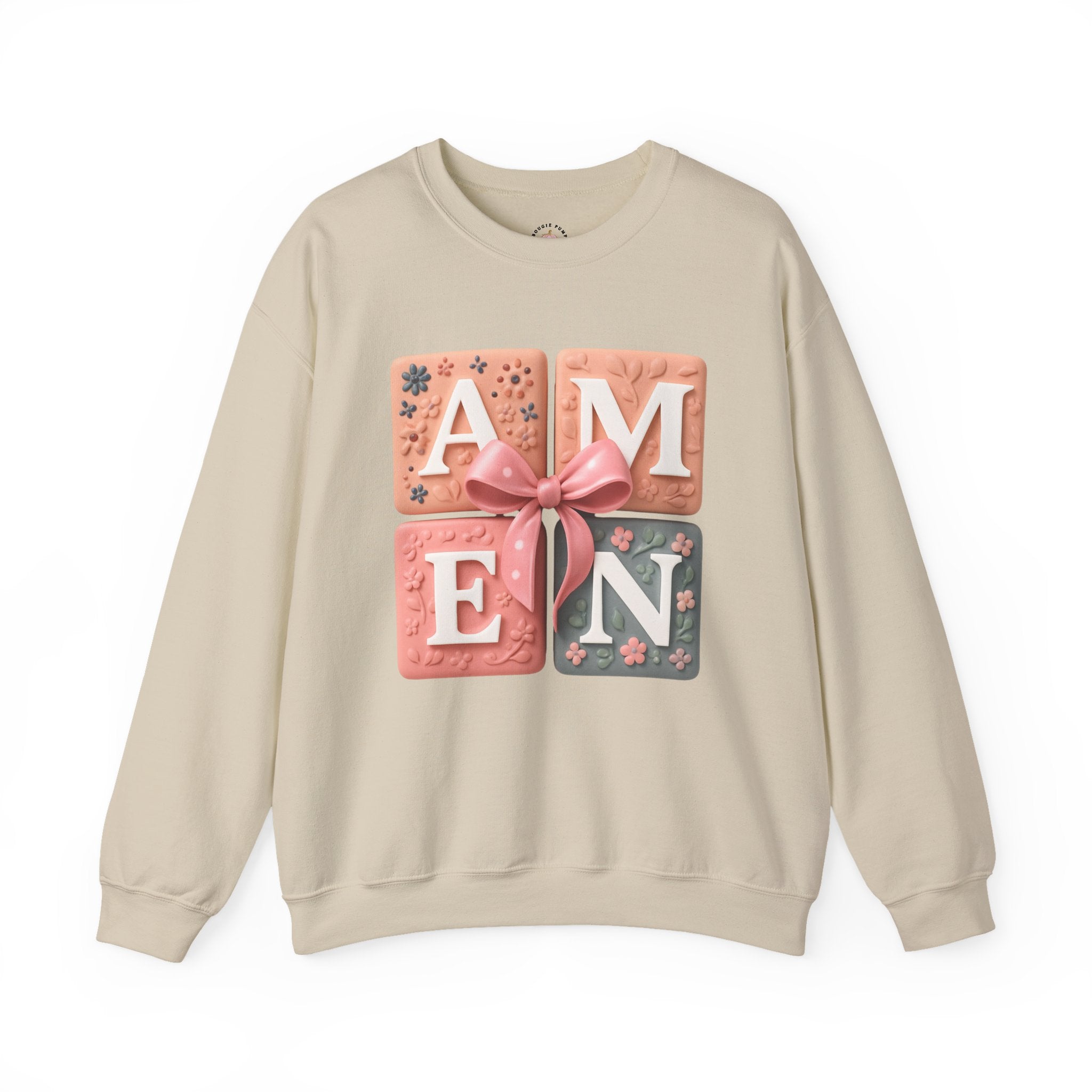 Amen Square Block Sweatshirt — Floral Ribbon Typography Crewneck