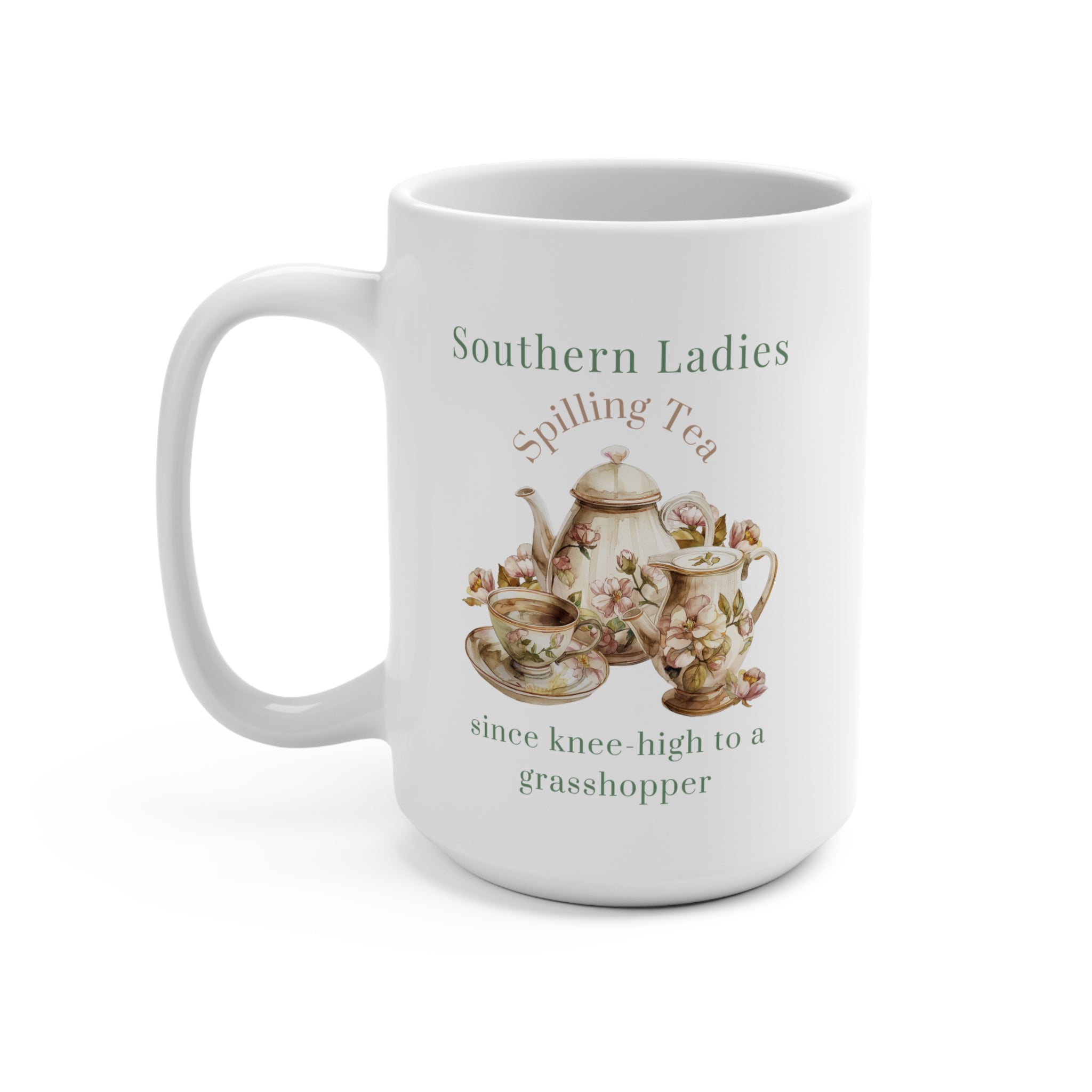 15oz Ceramic Coffee Mug — Spilling Tea Vintage Floral Tea-time Design