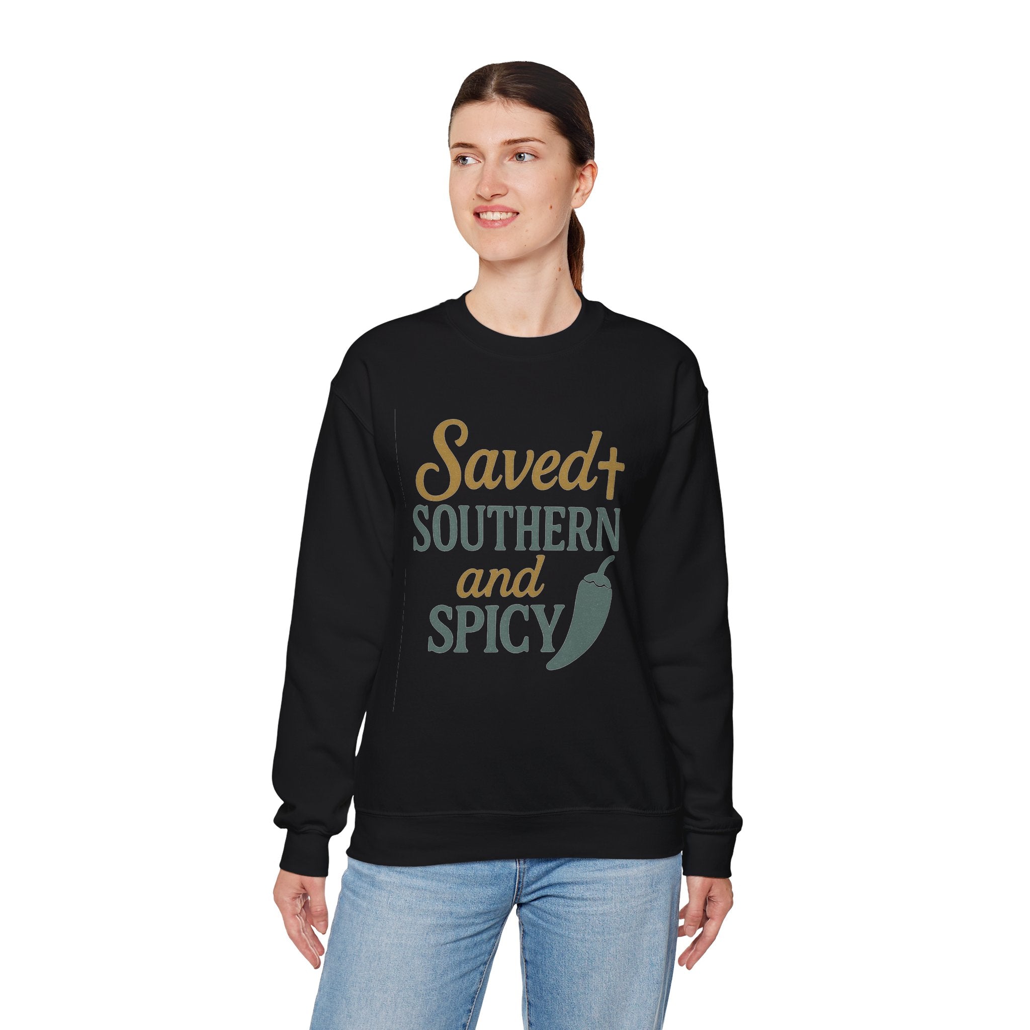 Saved, Southern, and Spicy Sweatshirt | Faith & Fire Apparel – The Bougie Pumpkin Boutique