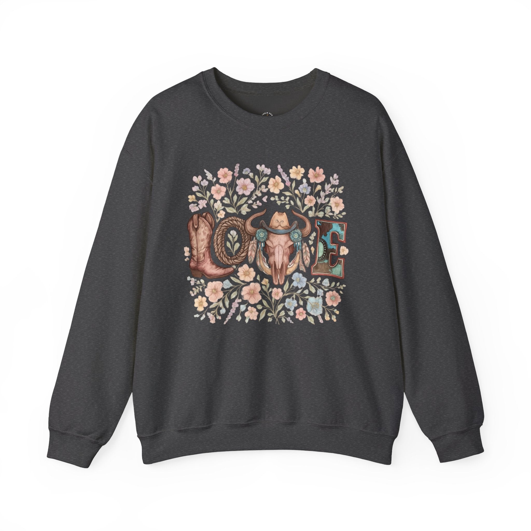 Love Western Crewneck Sweatshirt — Floral Cow Skull & Boot Graphic