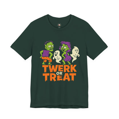 Halloween Fun Unisex Jersey Tee, T-Shirt for Halloween Parties, Funny Costume Tee, Trendy Unisex Tee, Twerk or Treat Design